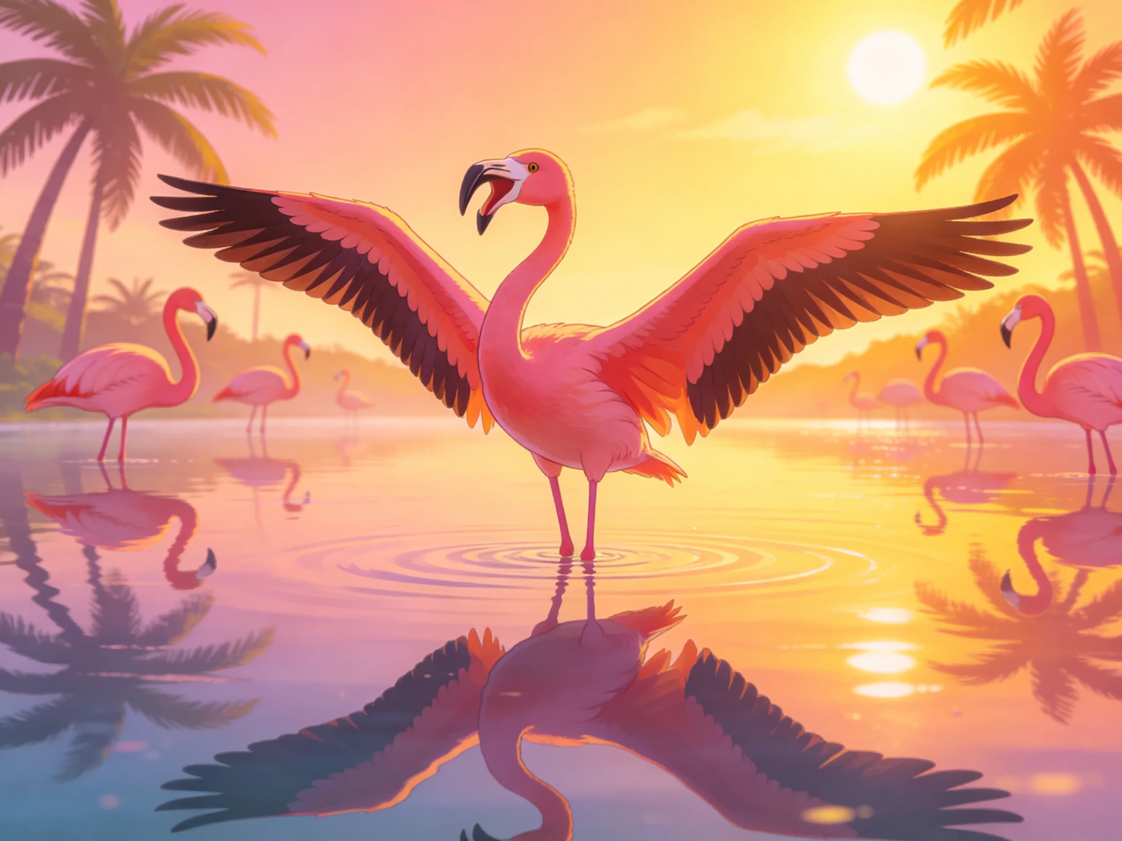 Flamingos in bright pink feathers by palm trees at sunset