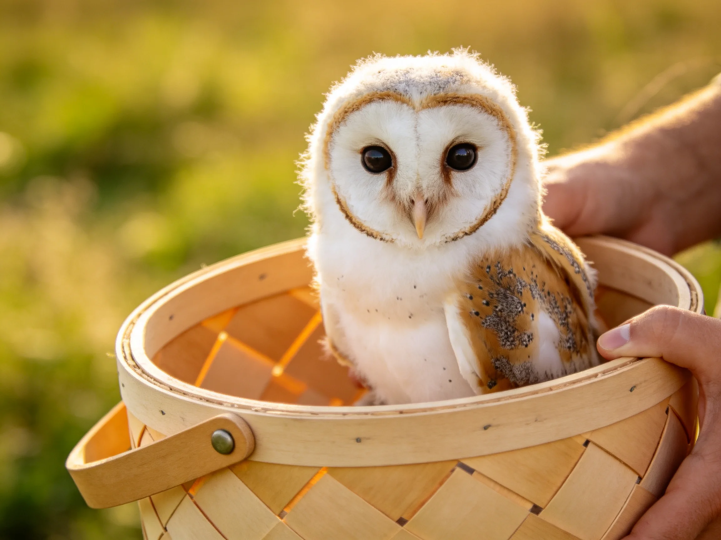 Fluffy barn owl in a woven wooden basket outdoors