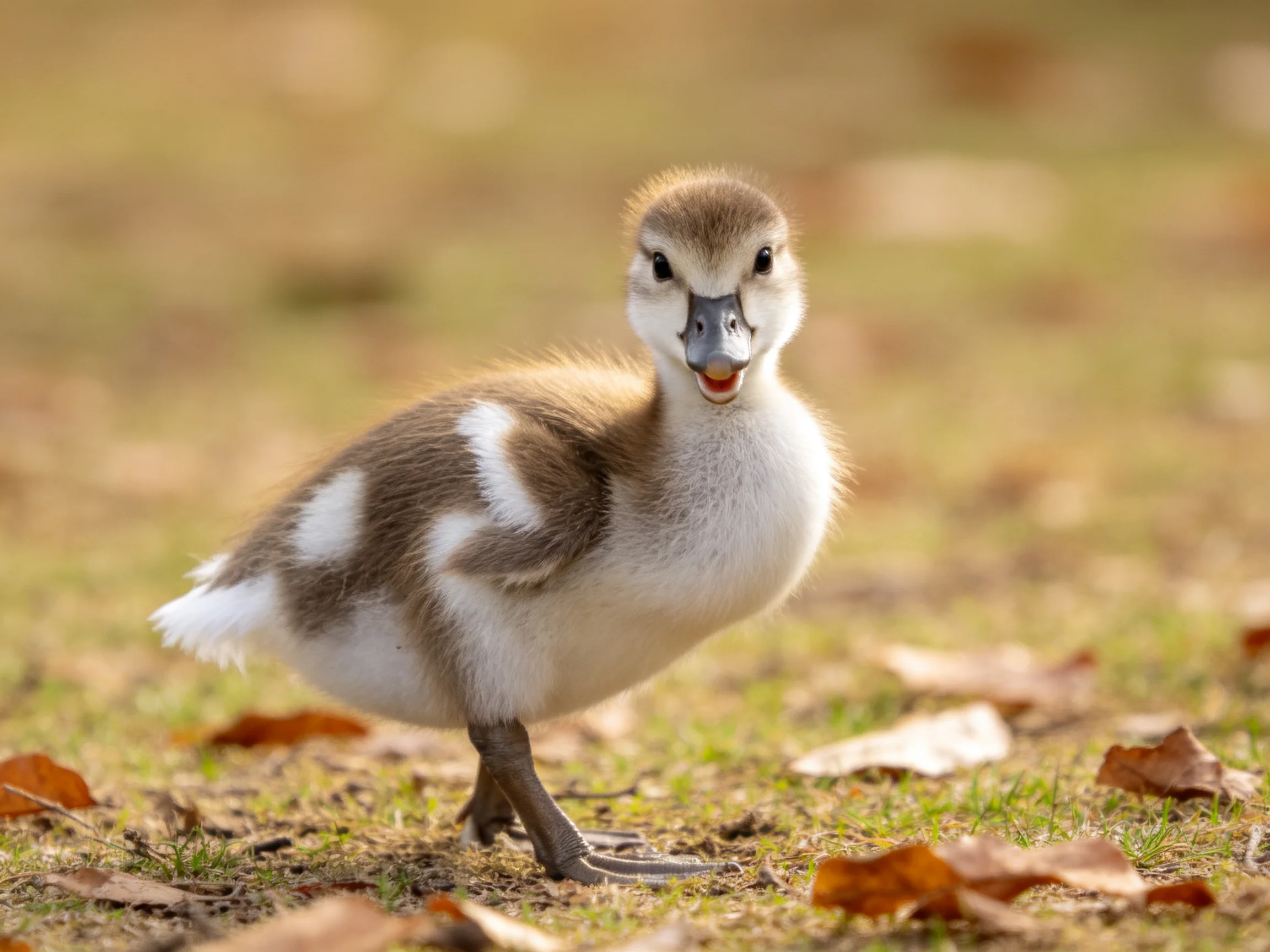 Fluffy brown-and-white baby bird on grass with autumn leaves