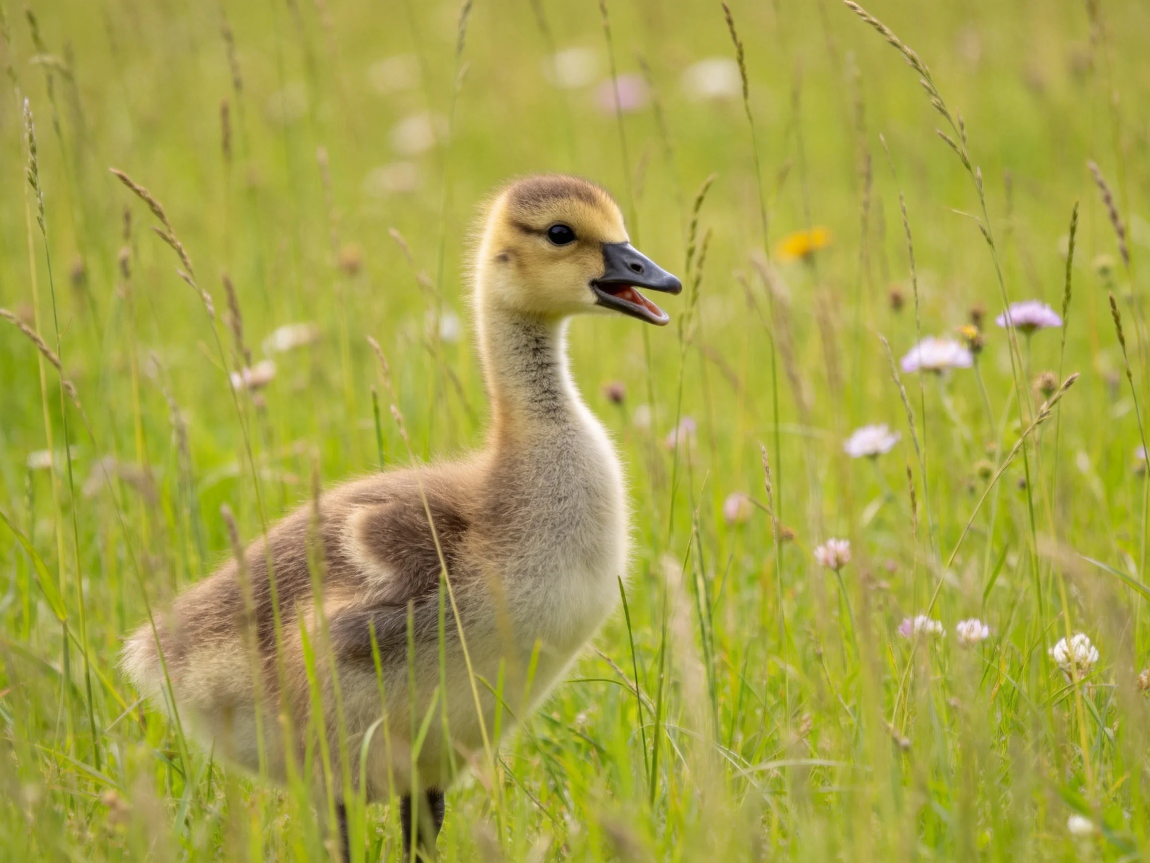 Fluffy brown gosling among tall green grass and wildflowers