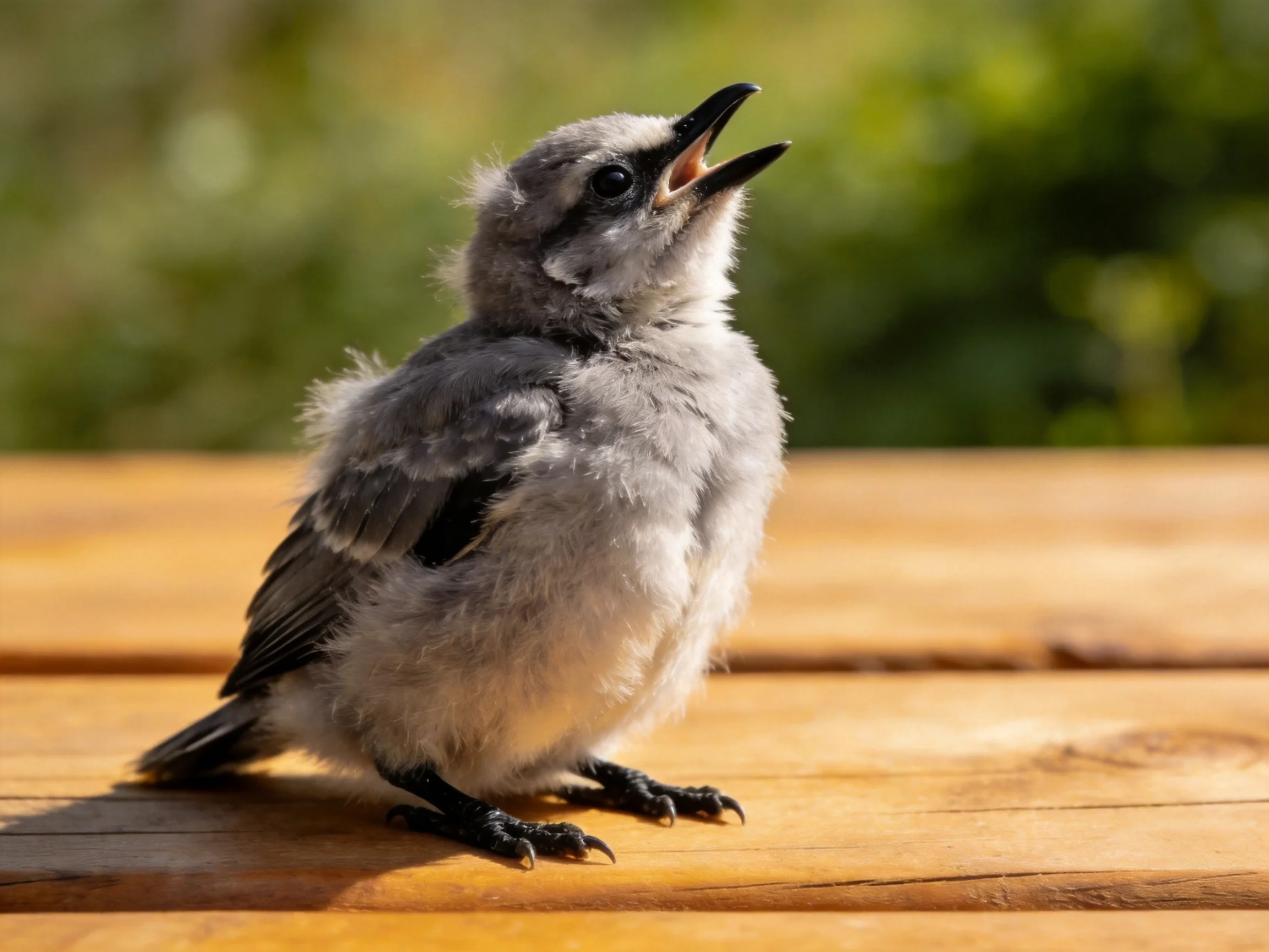 Fluffy gray baby bird perched on wooden table outdoors