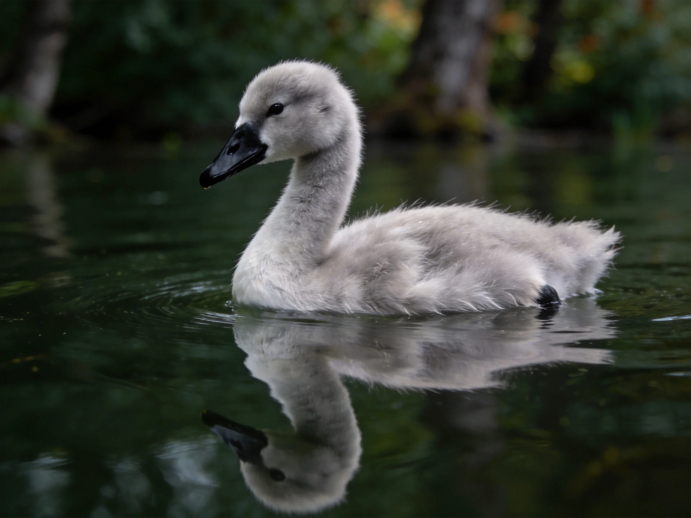 Fluffy gray cygnet swims in calm, dark water