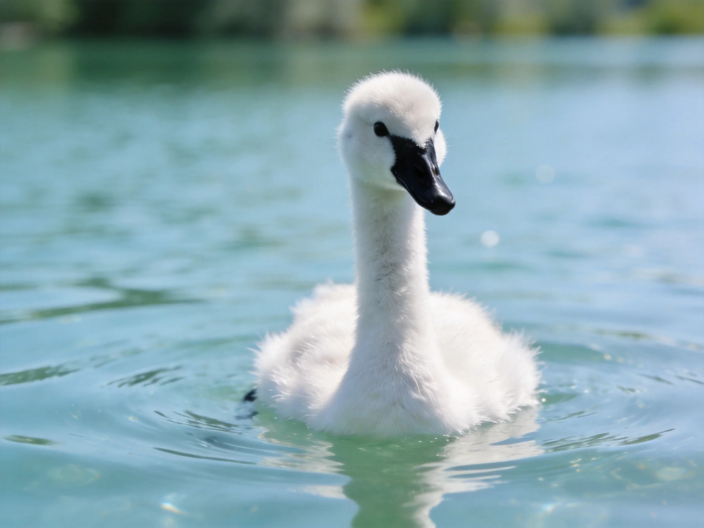 Fluffy white cygnet gliding in calm turquoise water