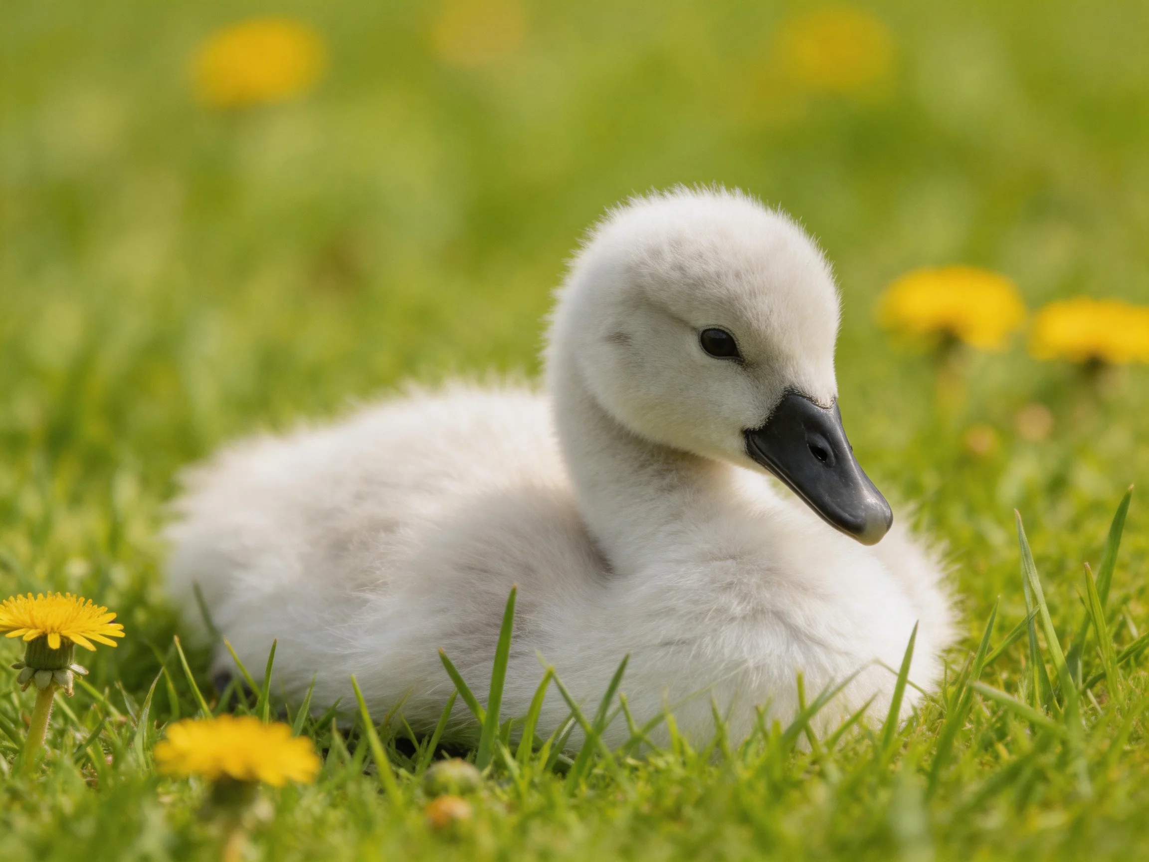 Fluffy white cygnet resting amid lush green grass and bright yellow dandelions