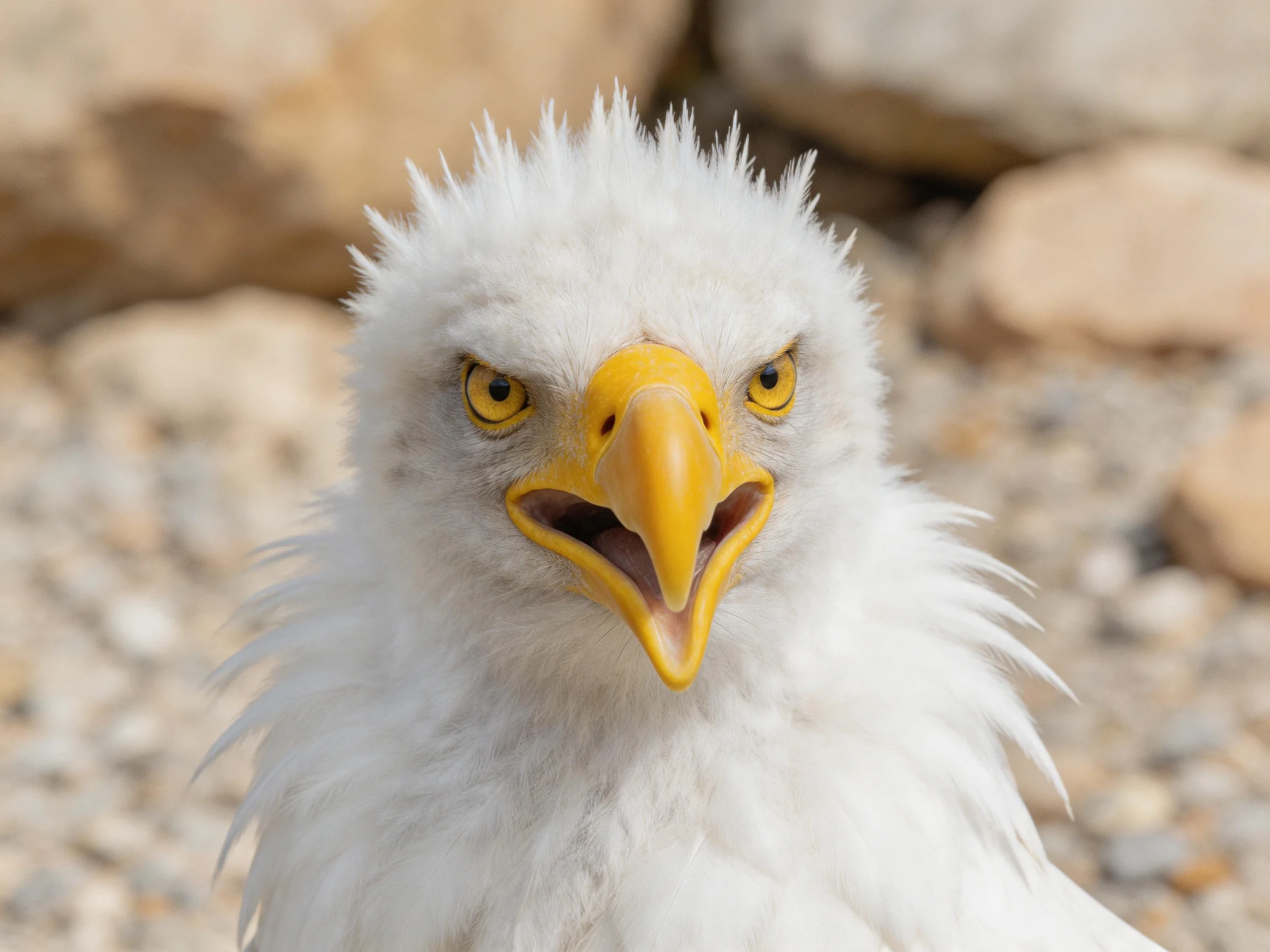 Fluffy white eagle chick with bright yellow beak near rocky terrain