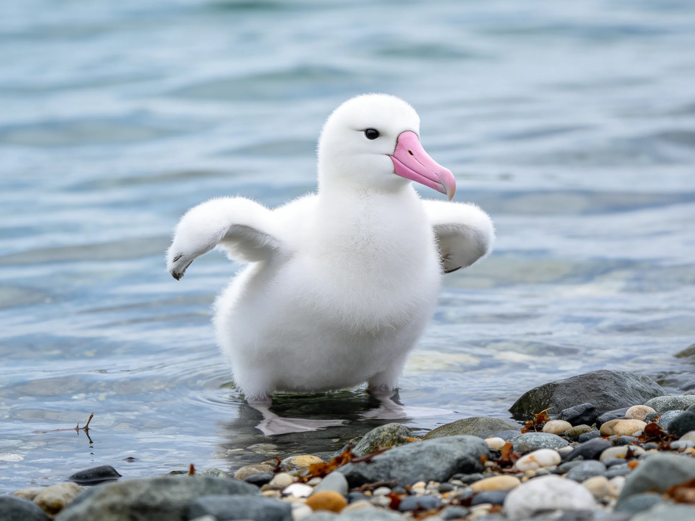 Fluffy white seabird chick wading in shallow coastal waters