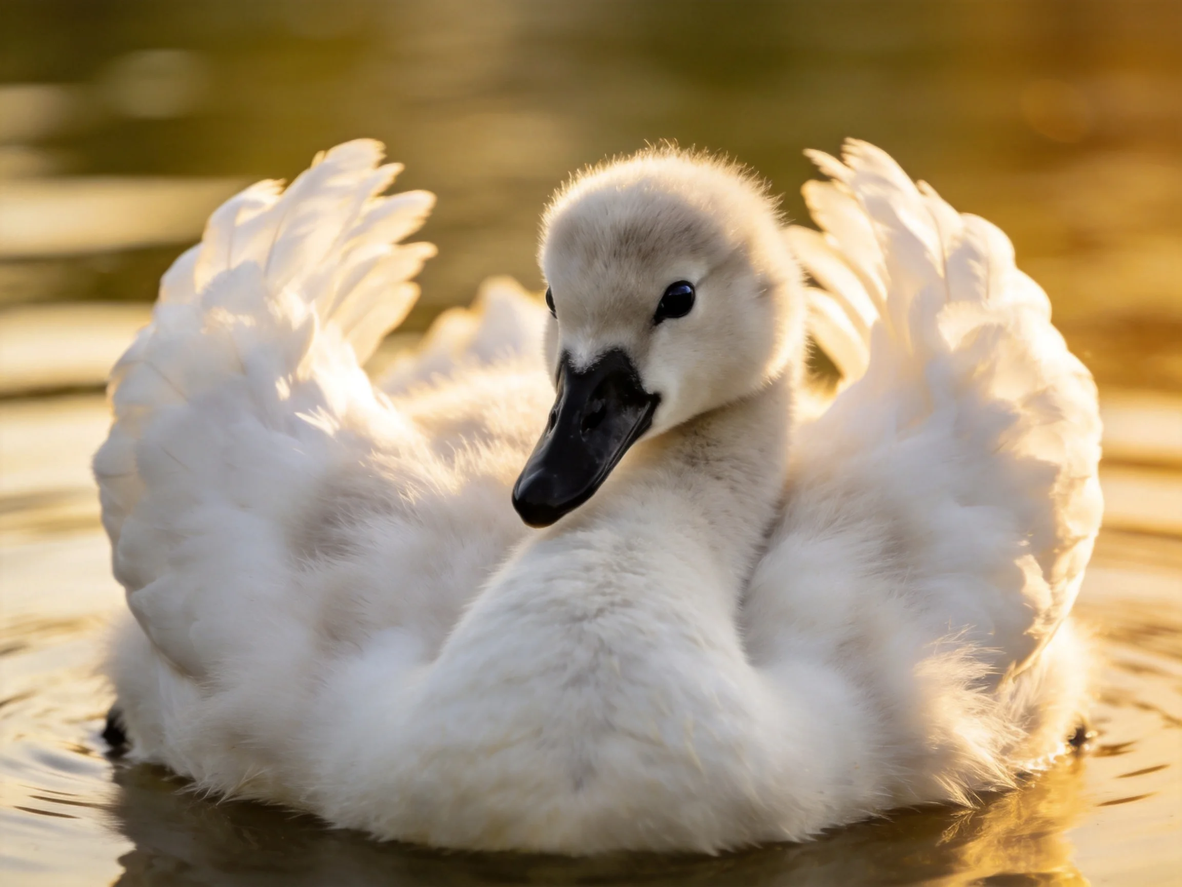 Fluffy white swan chick swimming in golden water