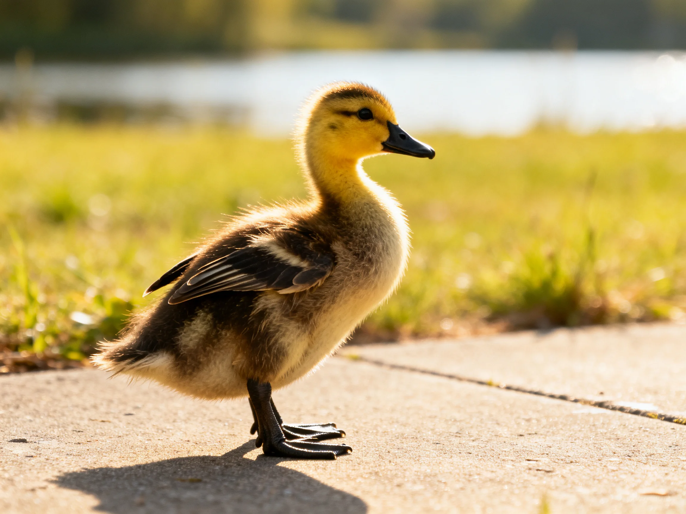 Fluffy yellow-brown duckling stands on concrete path near grassy area