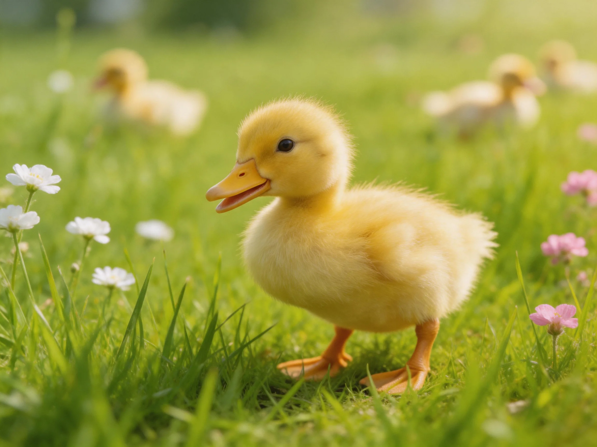 Fluffy yellow duckling among white and pink flowers in lush green grass