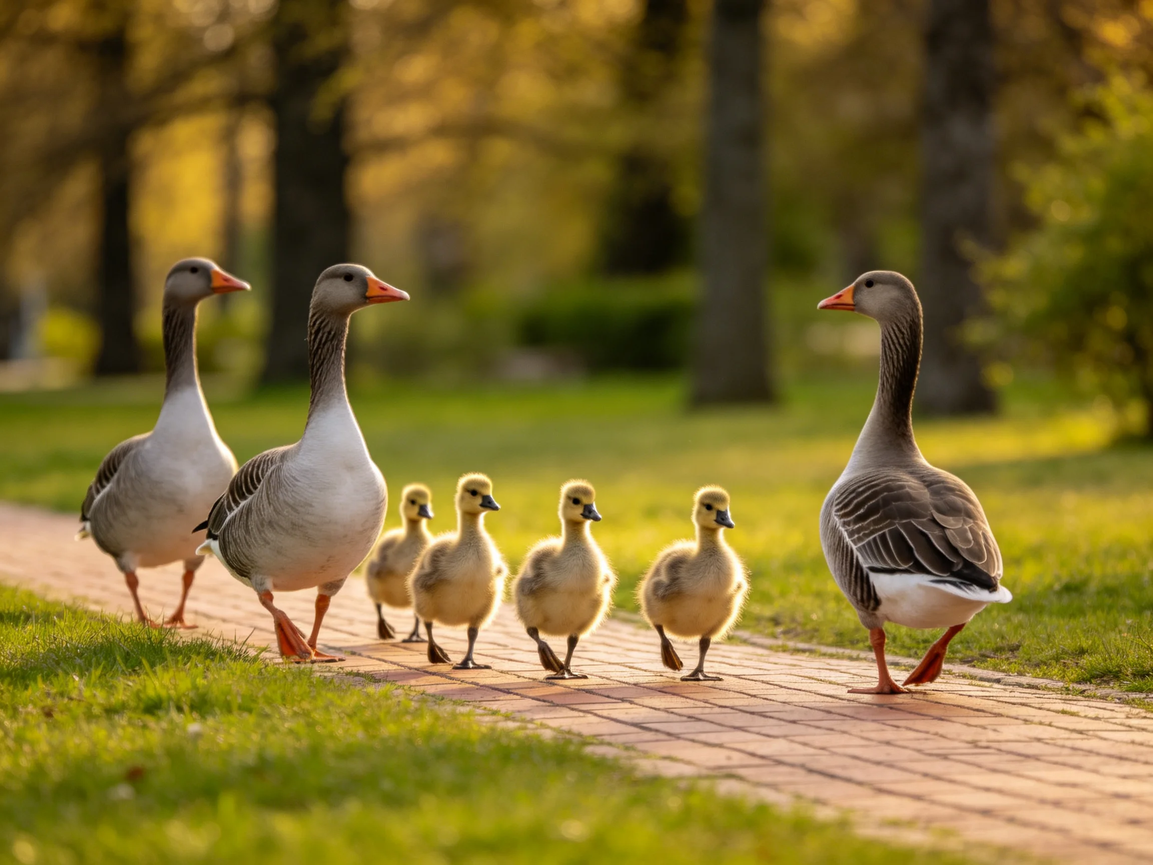 Four adult geese lead four fluffy goslings on a brick path