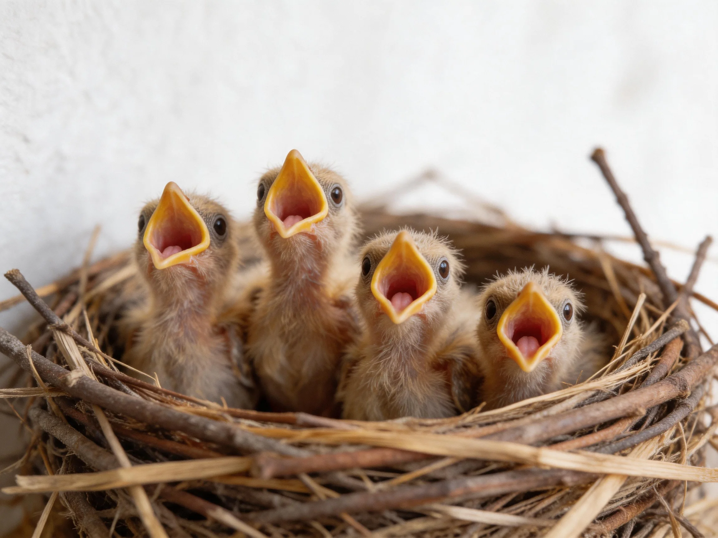Four baby birds with open beaks in a straw nest