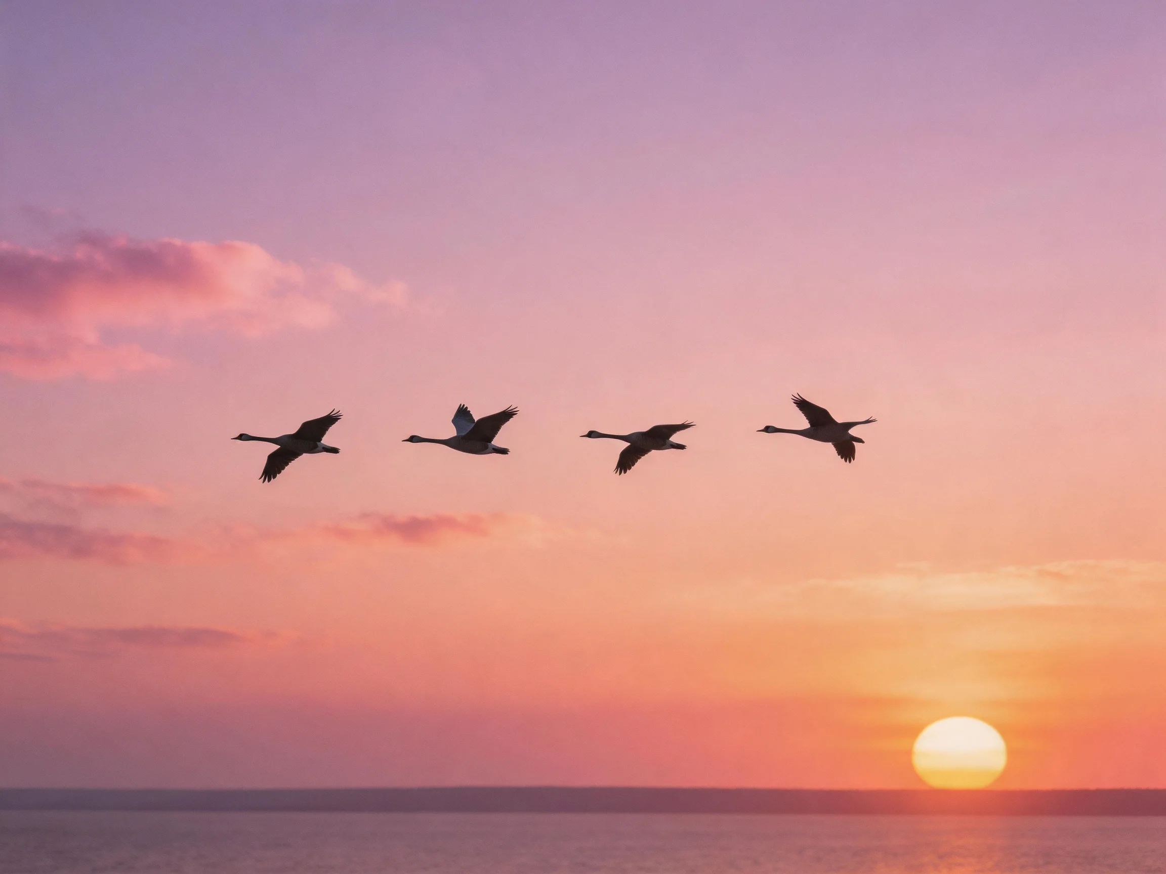 Four birds fly in silhouette against a vibrant sunset sky over calm water.