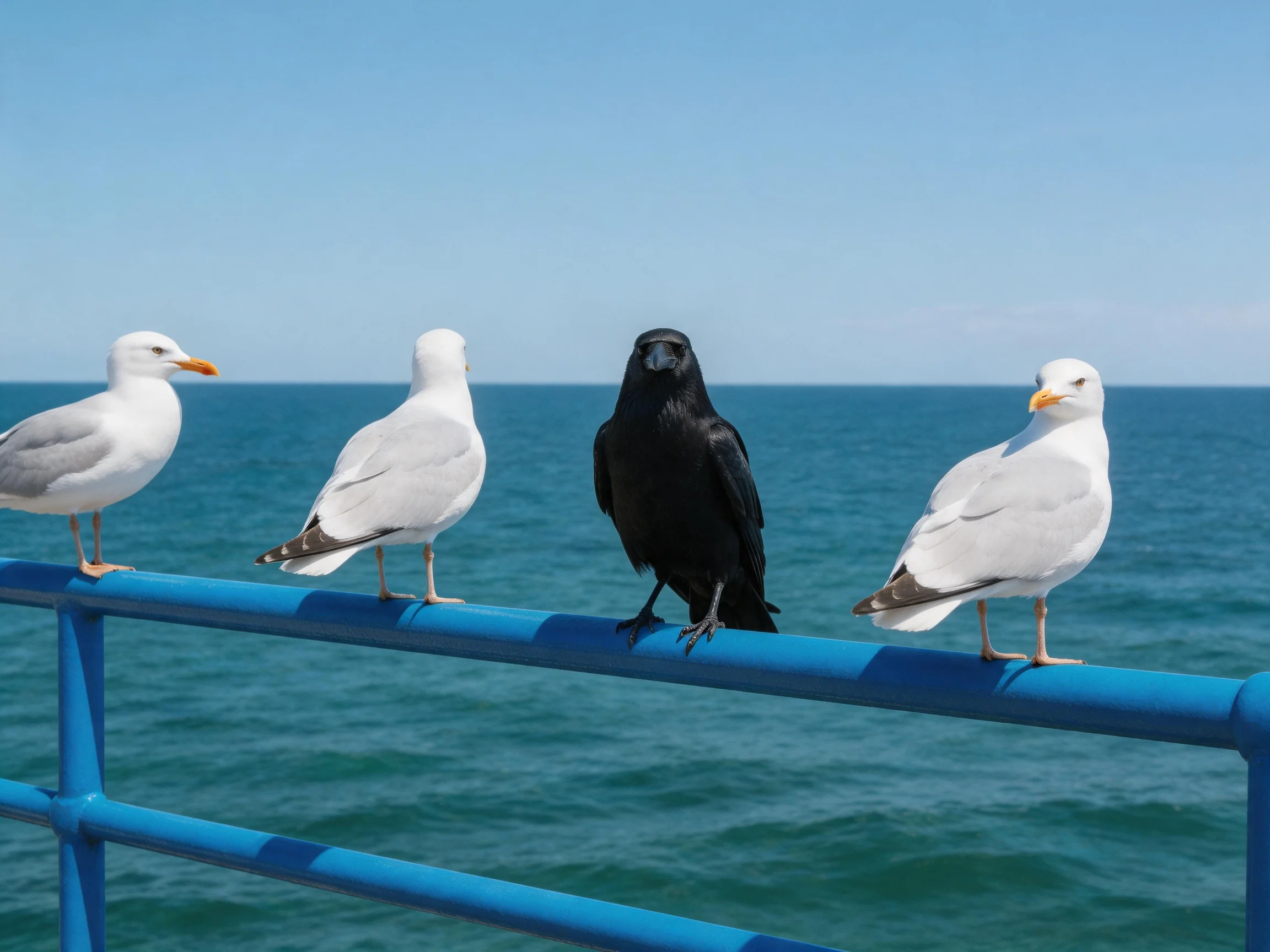 Four birds—three white, one black—perch on a blue railing by the sea.
