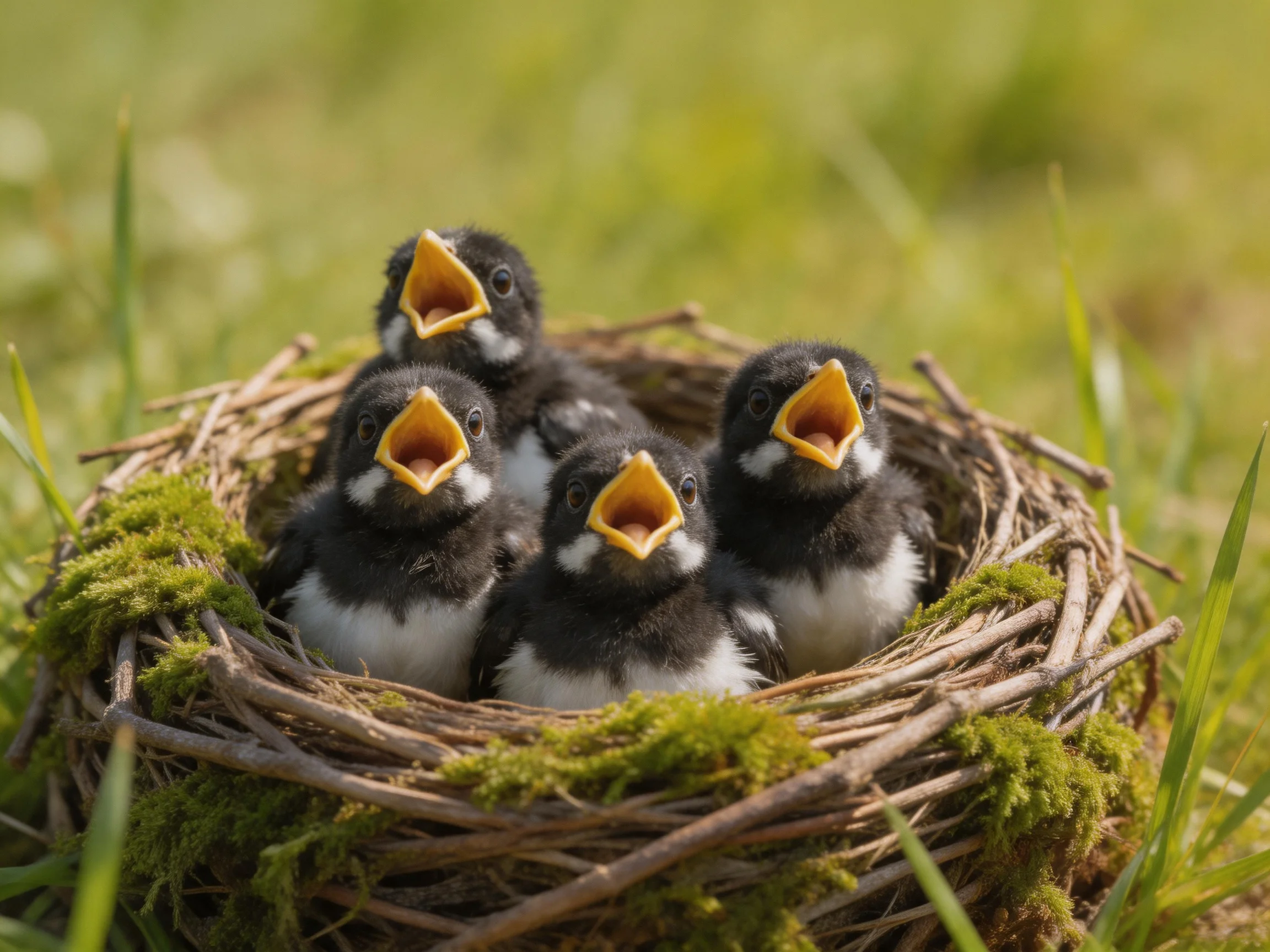 Four black-and-white baby birds in a moss-covered twig nest