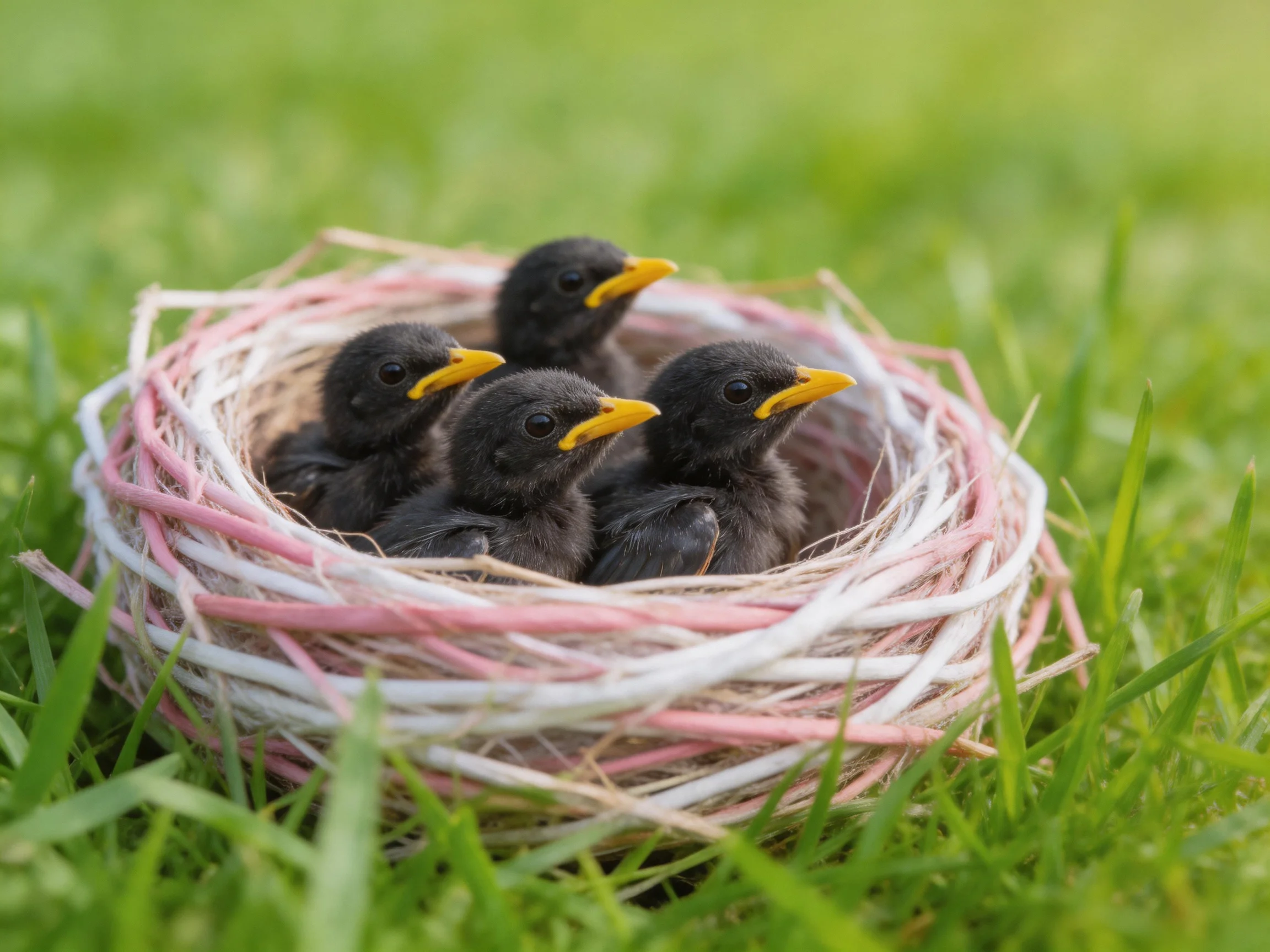 Four black-feathered chicks in a pink-and-white woven nest on grass