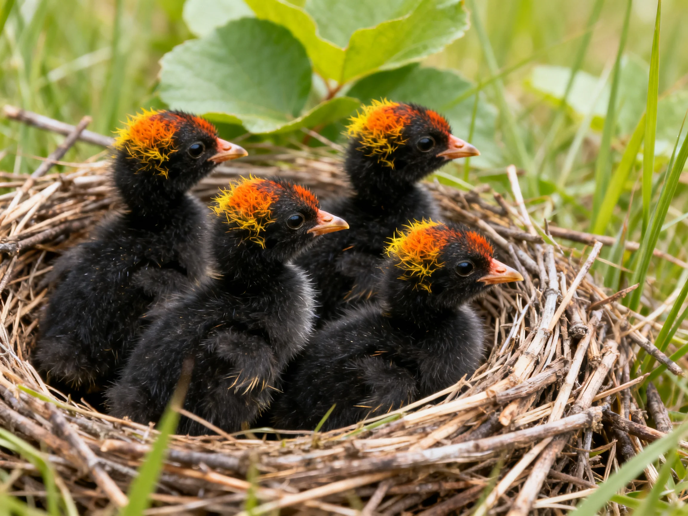 Four black-feathered chicks with orange crests in a twig nest