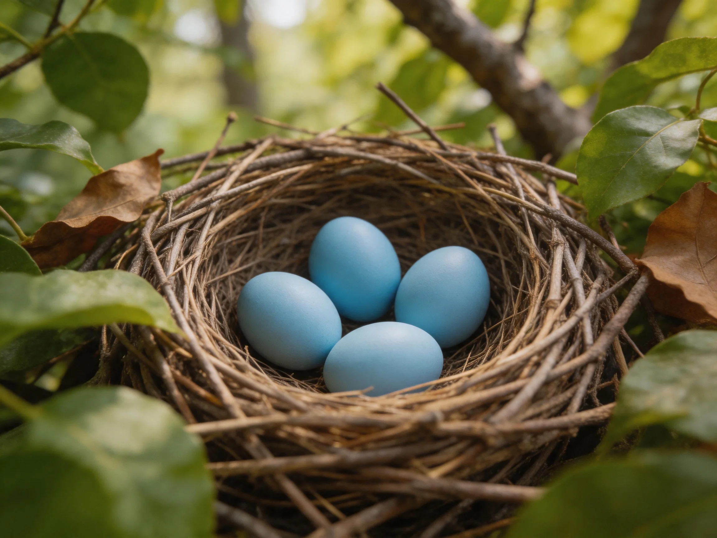 Four blue eggs in a twiggy birds nest among greenery.