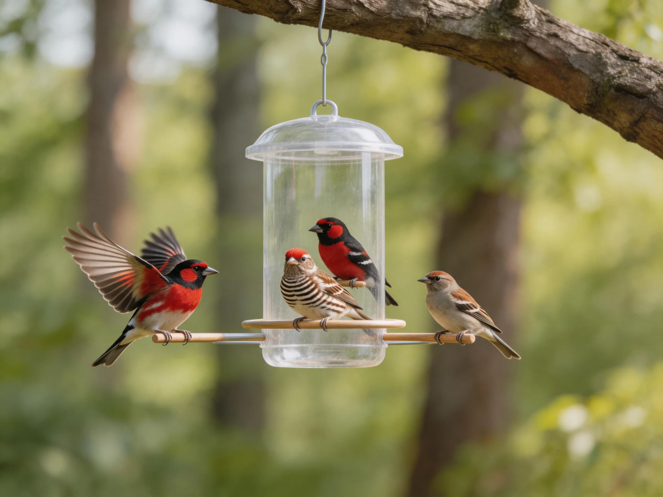 Four colorful birds gather around a clear hanging feeder