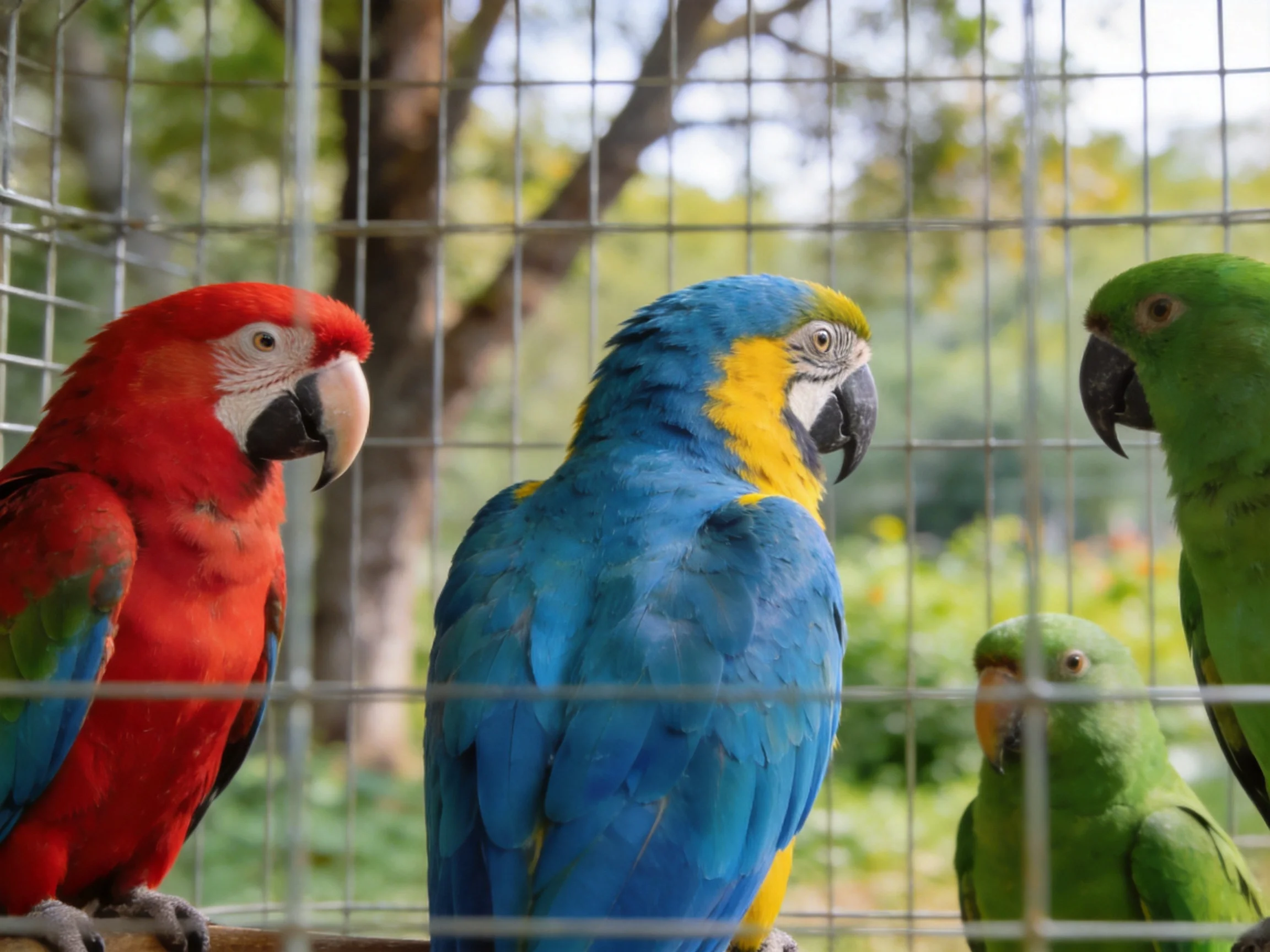 Four colorful parrots in a metal cage with natural backdrop
