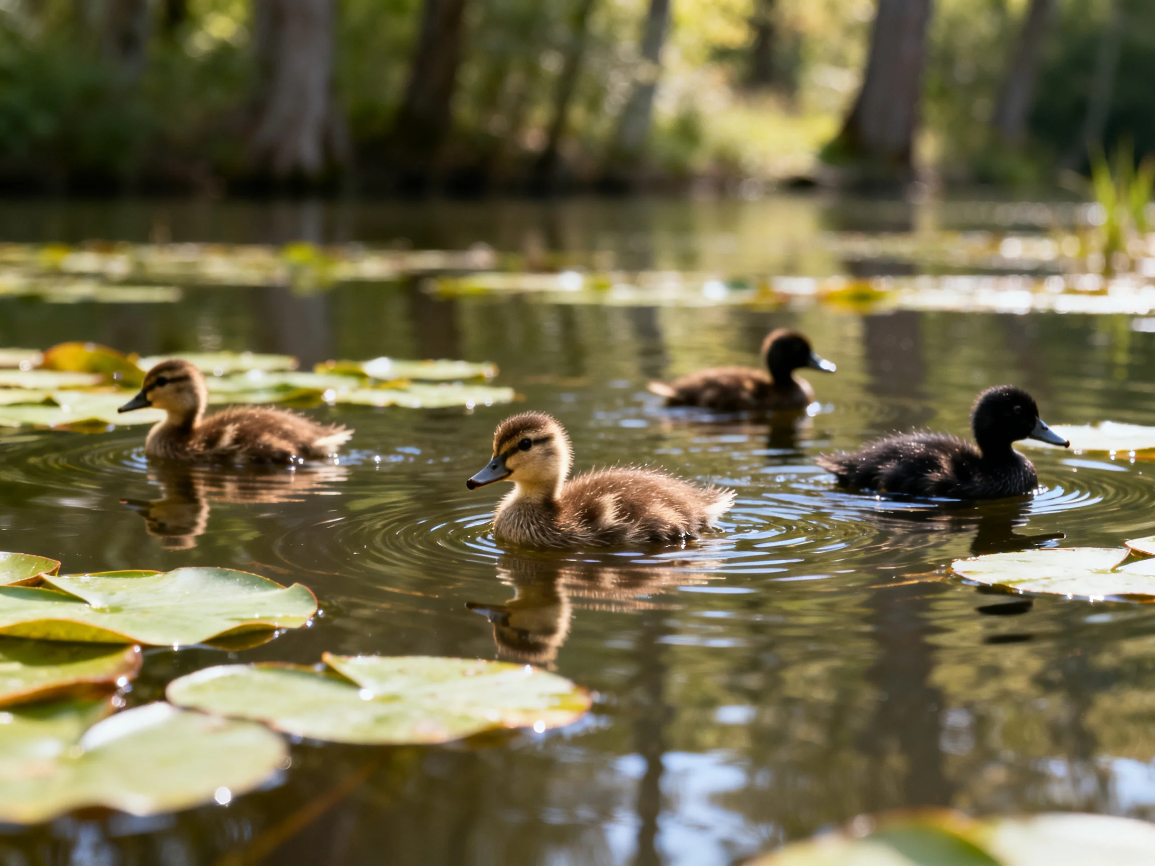 Four ducklings swim among lily pads in a sunlit pond