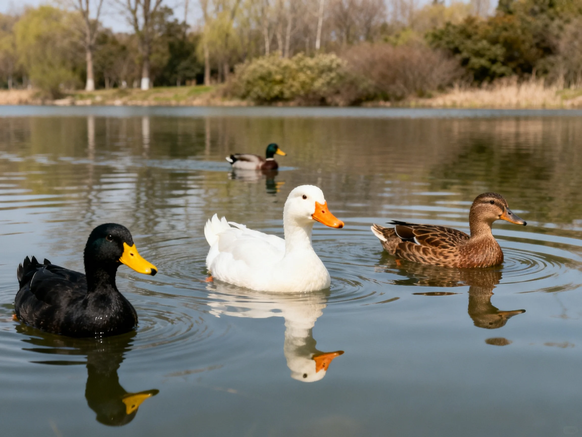 Four ducks of diverse colors swim in a calm lake near leafy trees