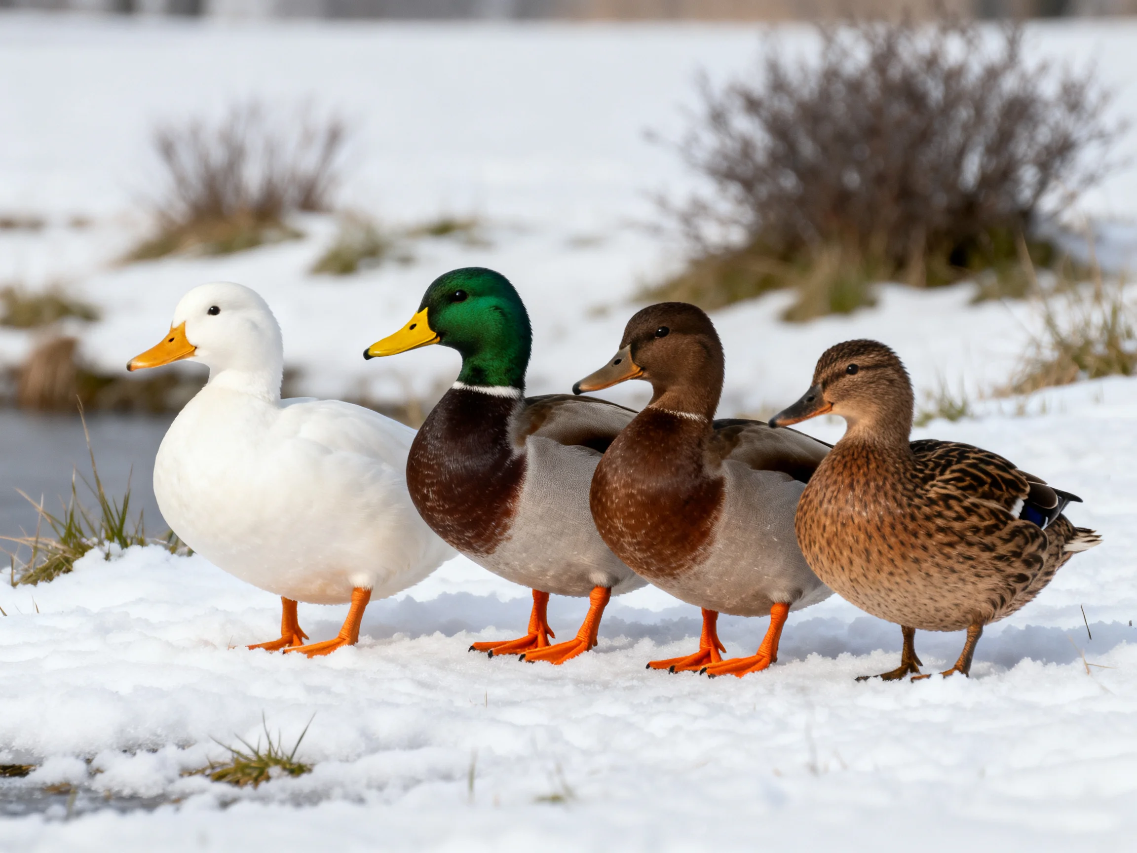 Four ducks with varied plumage stand on a snowy terrain