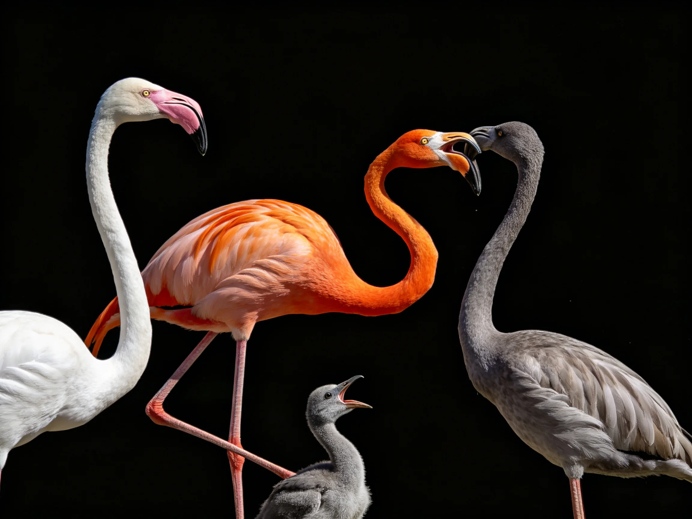 Flamingos of various colors and sizes cluster together on a dark background.