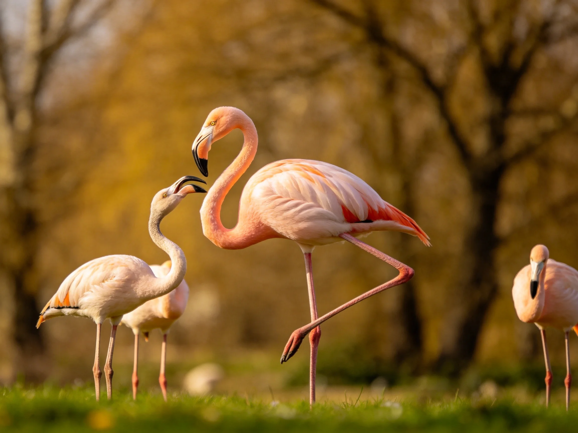Four flamingos, including two adults and two juveniles, in a sunlit natural landscape.