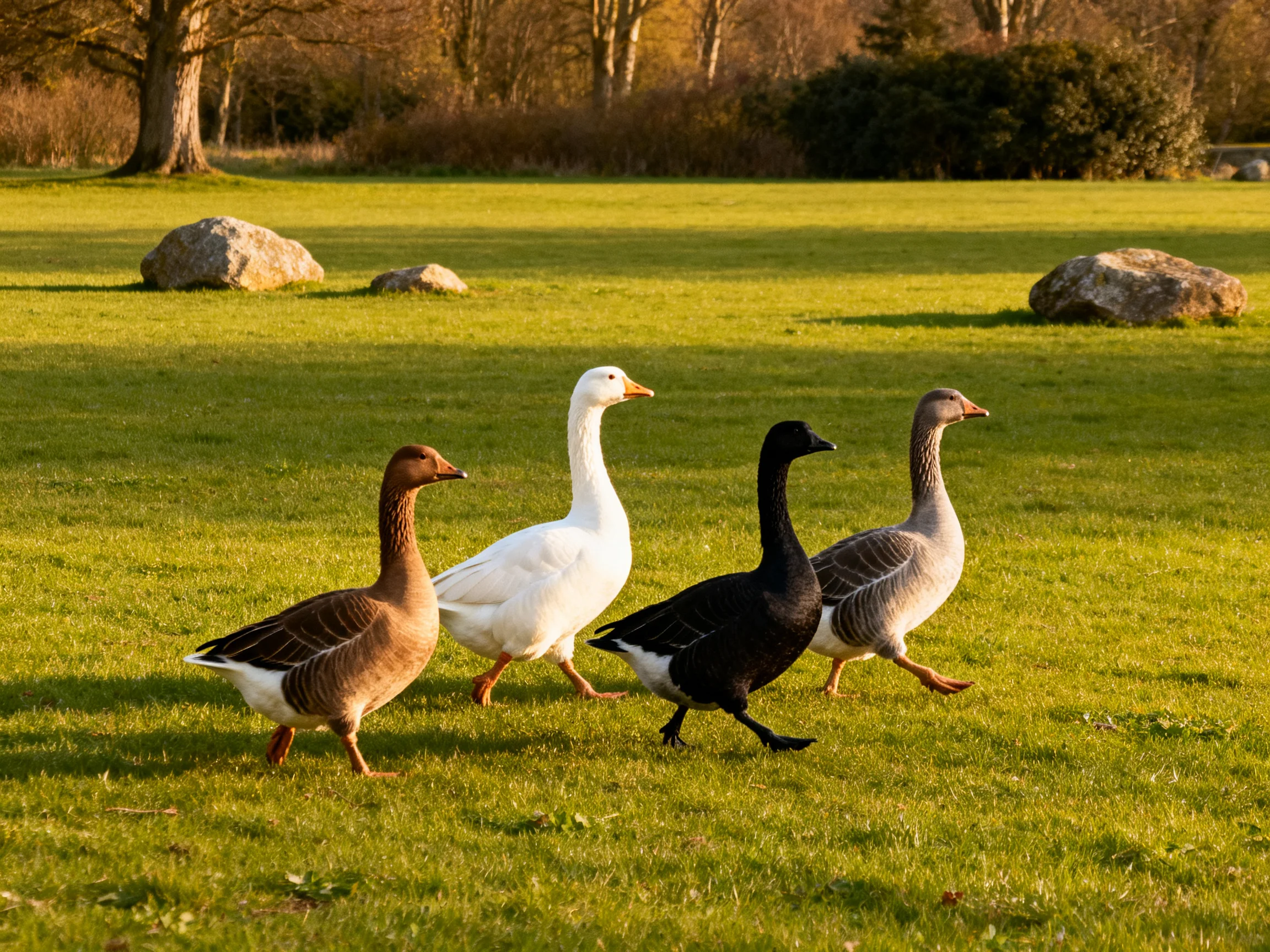 Four geese in brown, white, black, and gray run across a sunlit green field