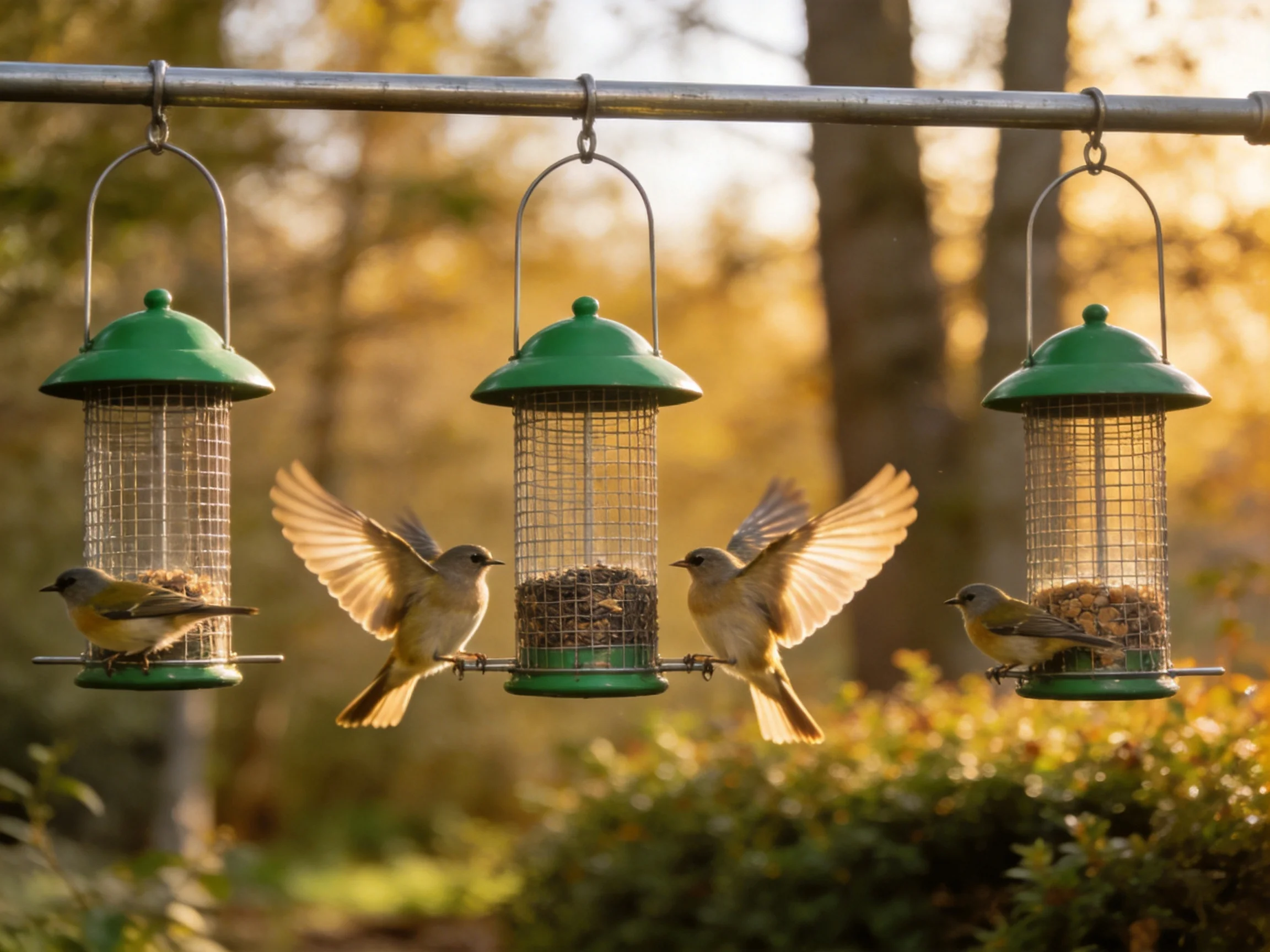 Four green bird feeders with small birds in a sunlit outdoor setting