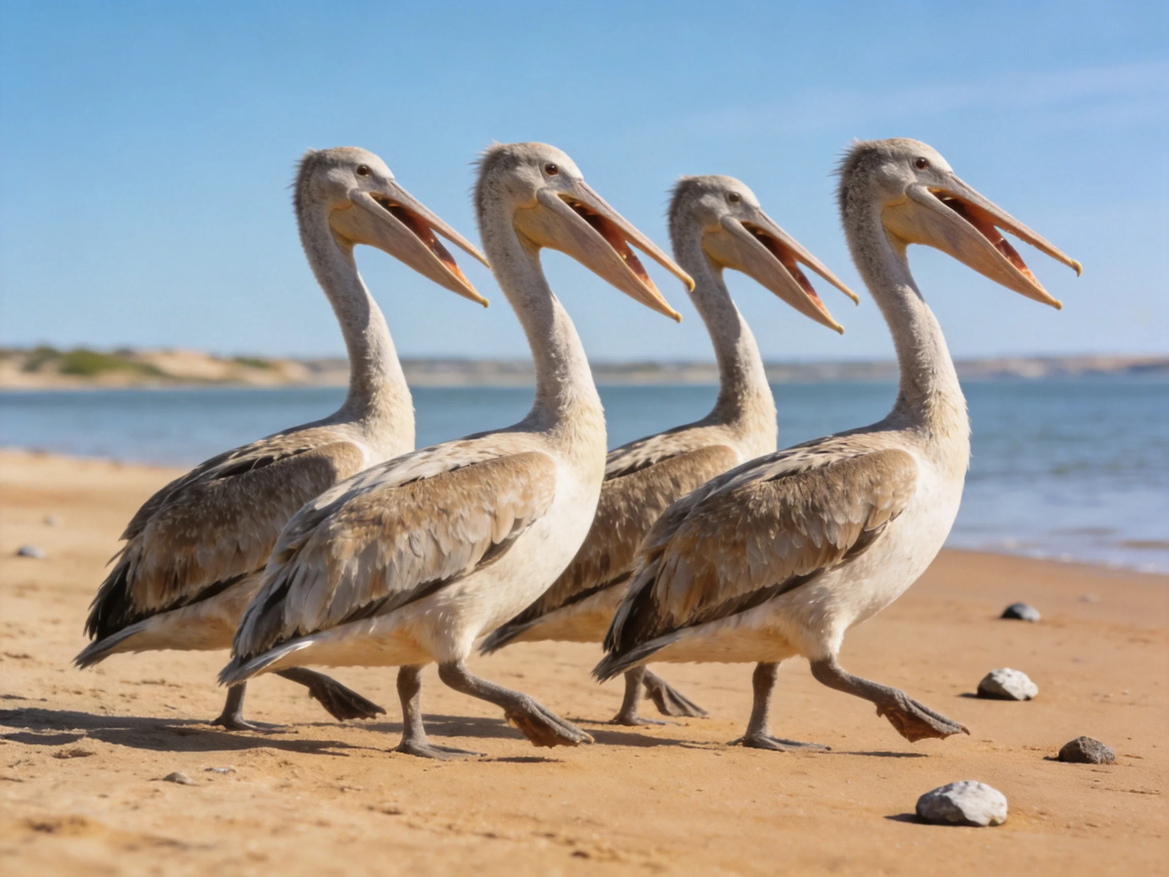 Four juvenile pelicans stroll along a sandy beach near calm waters