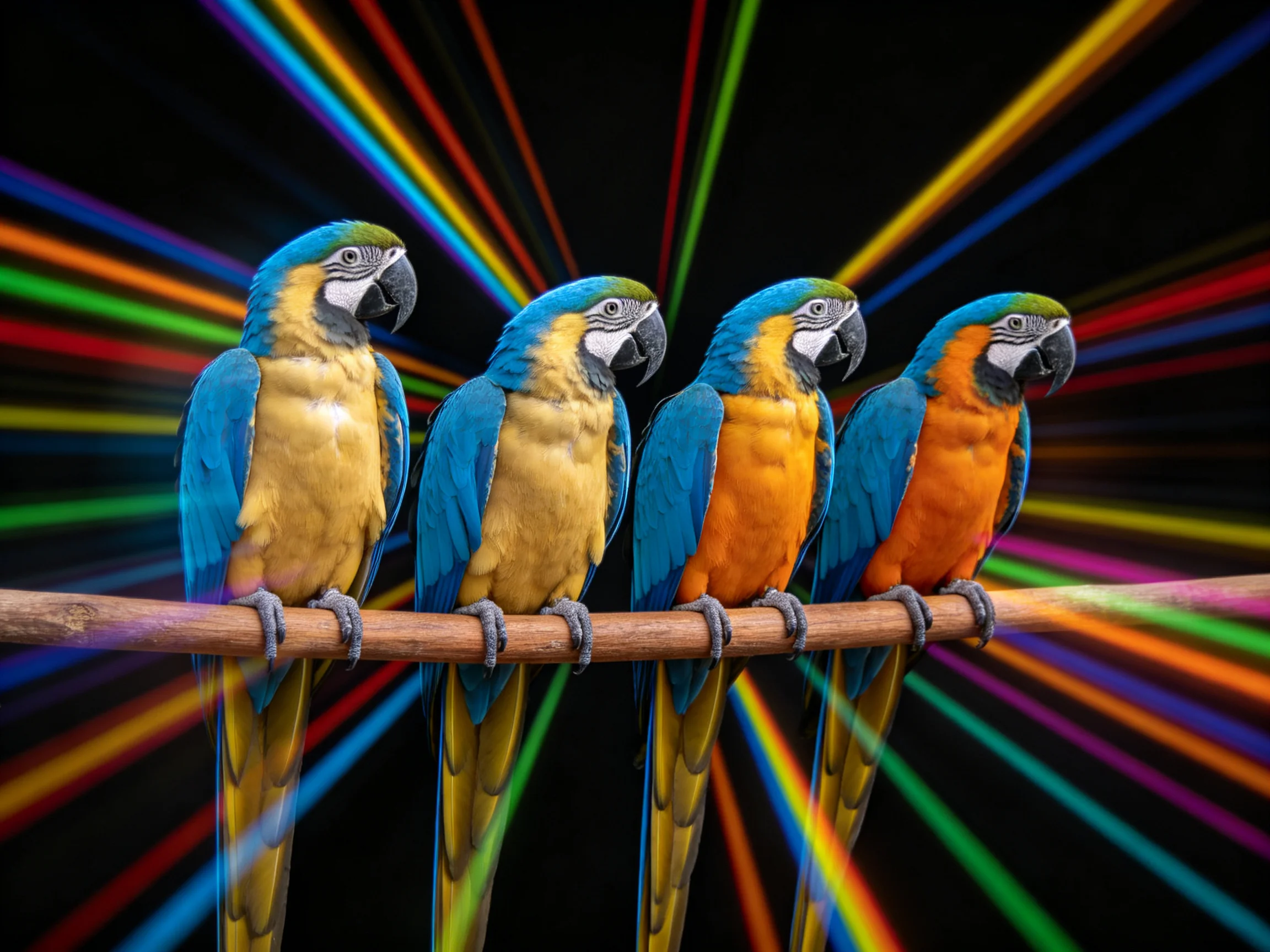 Four parrots in blue, yellow, orange hues sit on a branch with bright rainbow light streaks