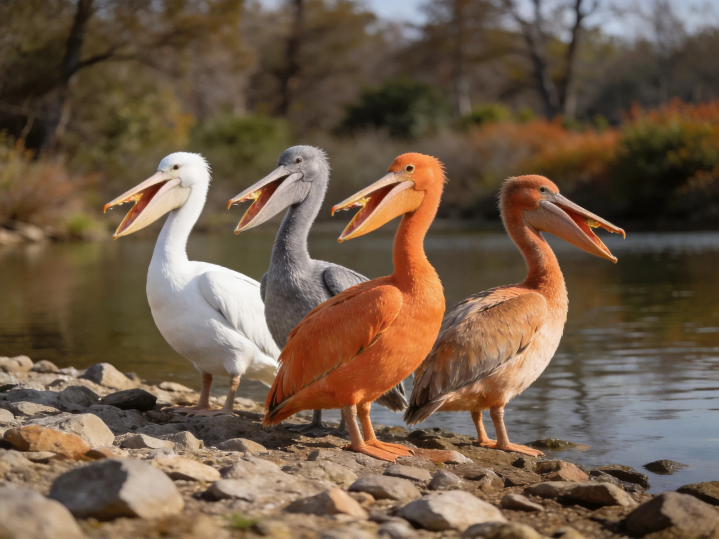 Four pelicans in diverse colors on a rocky lakeshore