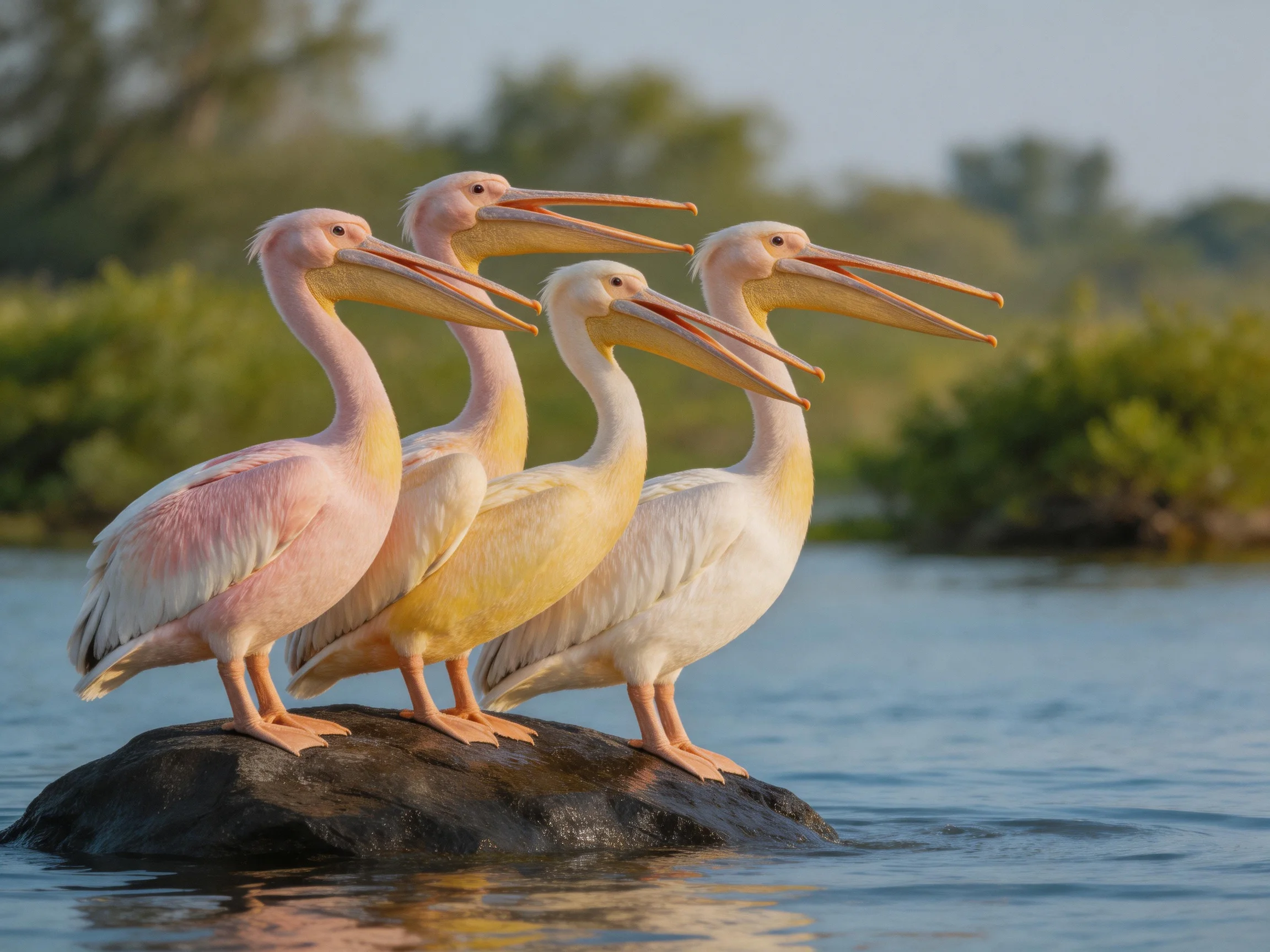 Four pelicans in varied pink, yellow, white hues stand on a rock