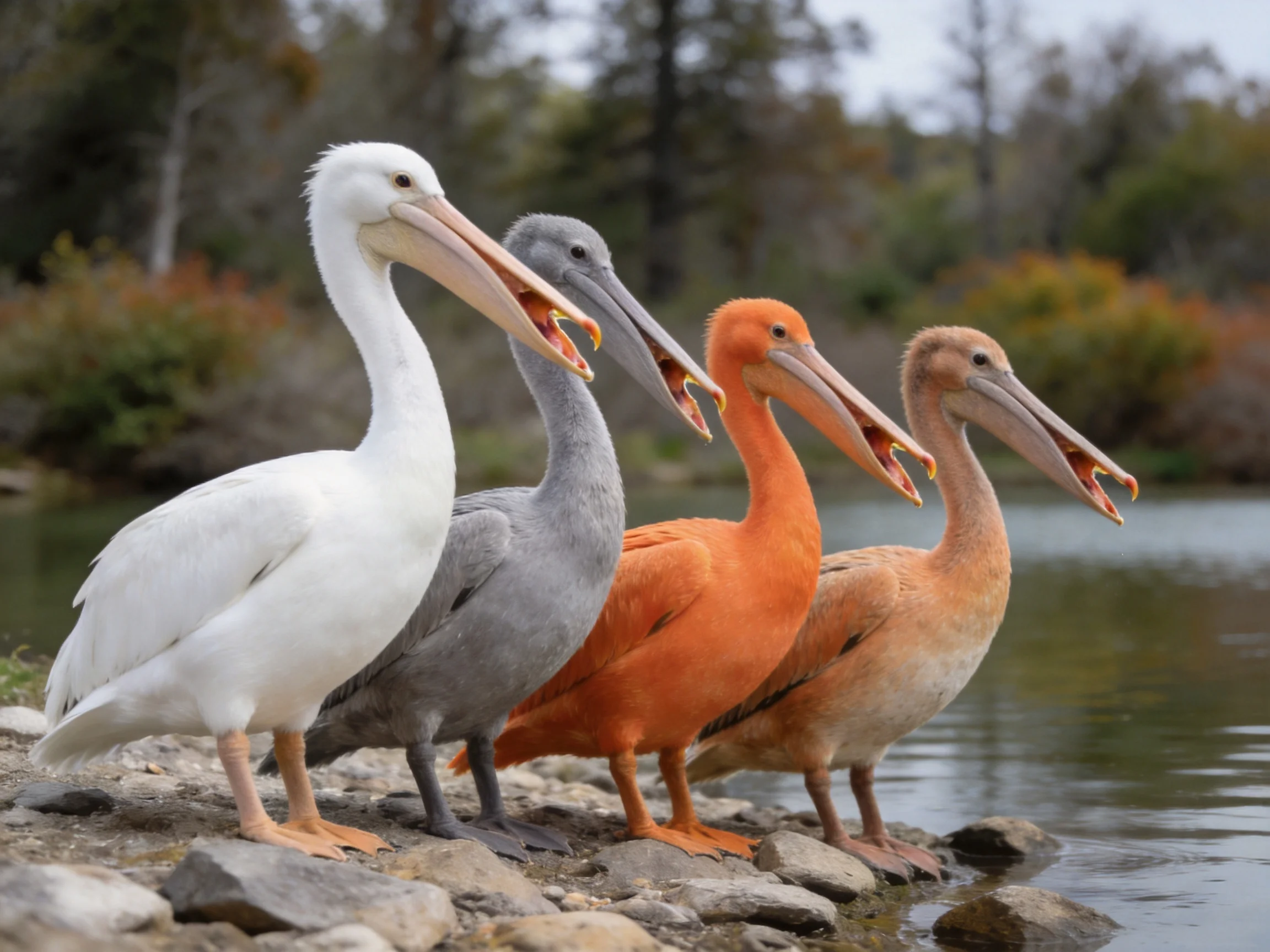 Four pelicans of diverse colors on rocky shore