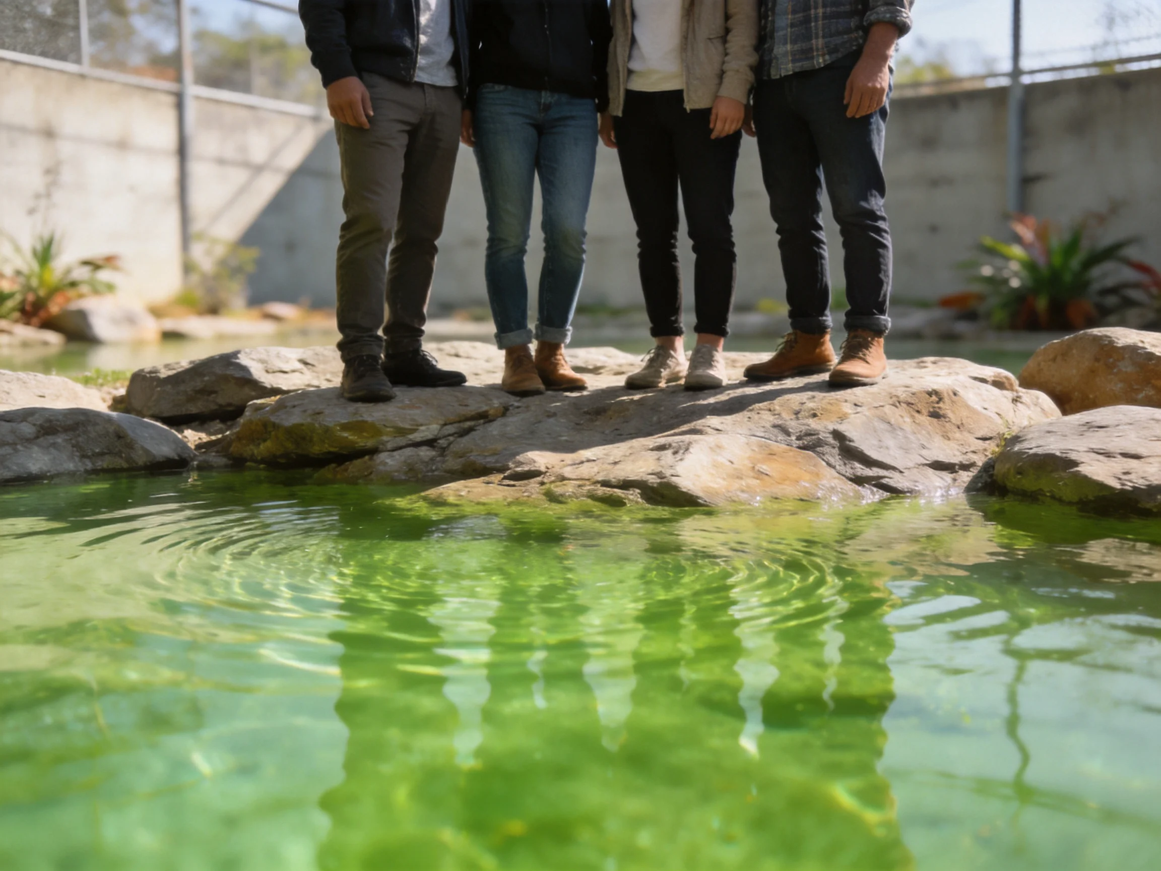 Four people stand on rocks by clear green water