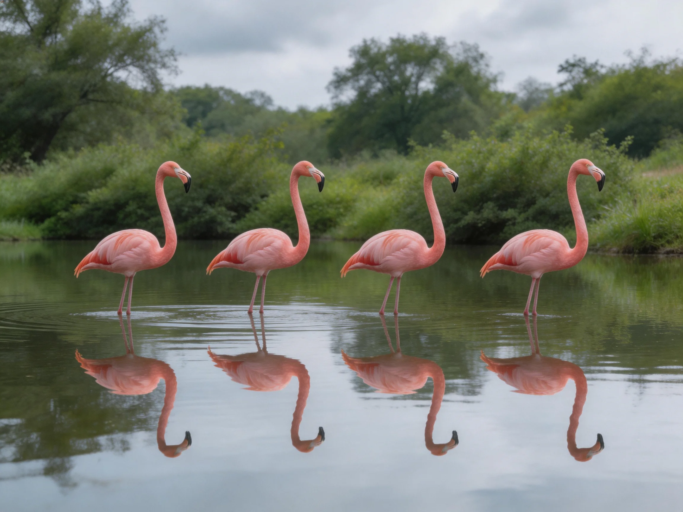 Four pink flamingos wade in calm water displaying their reflections