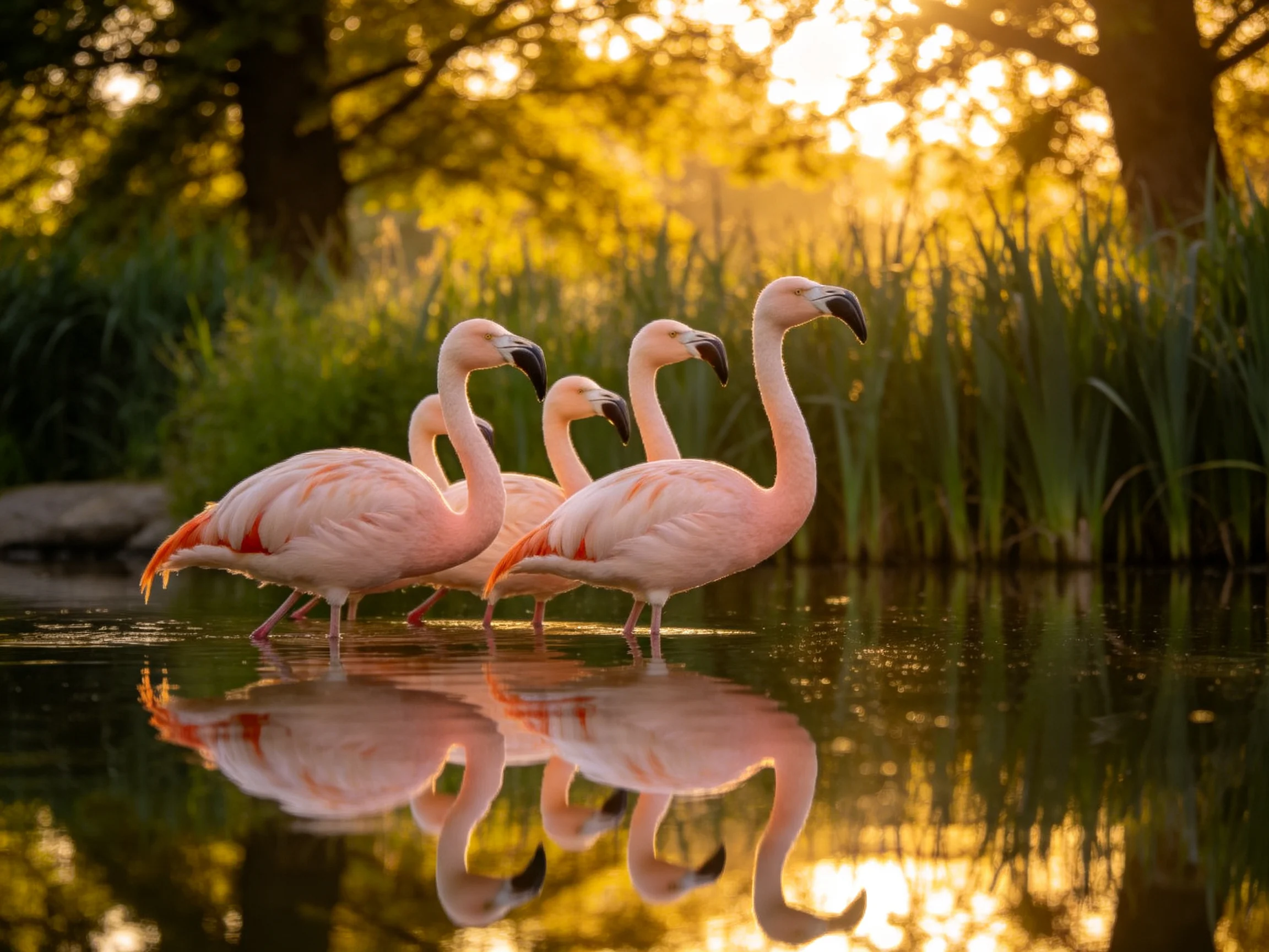 Four pink flamingos wade in calm water near golden foliage