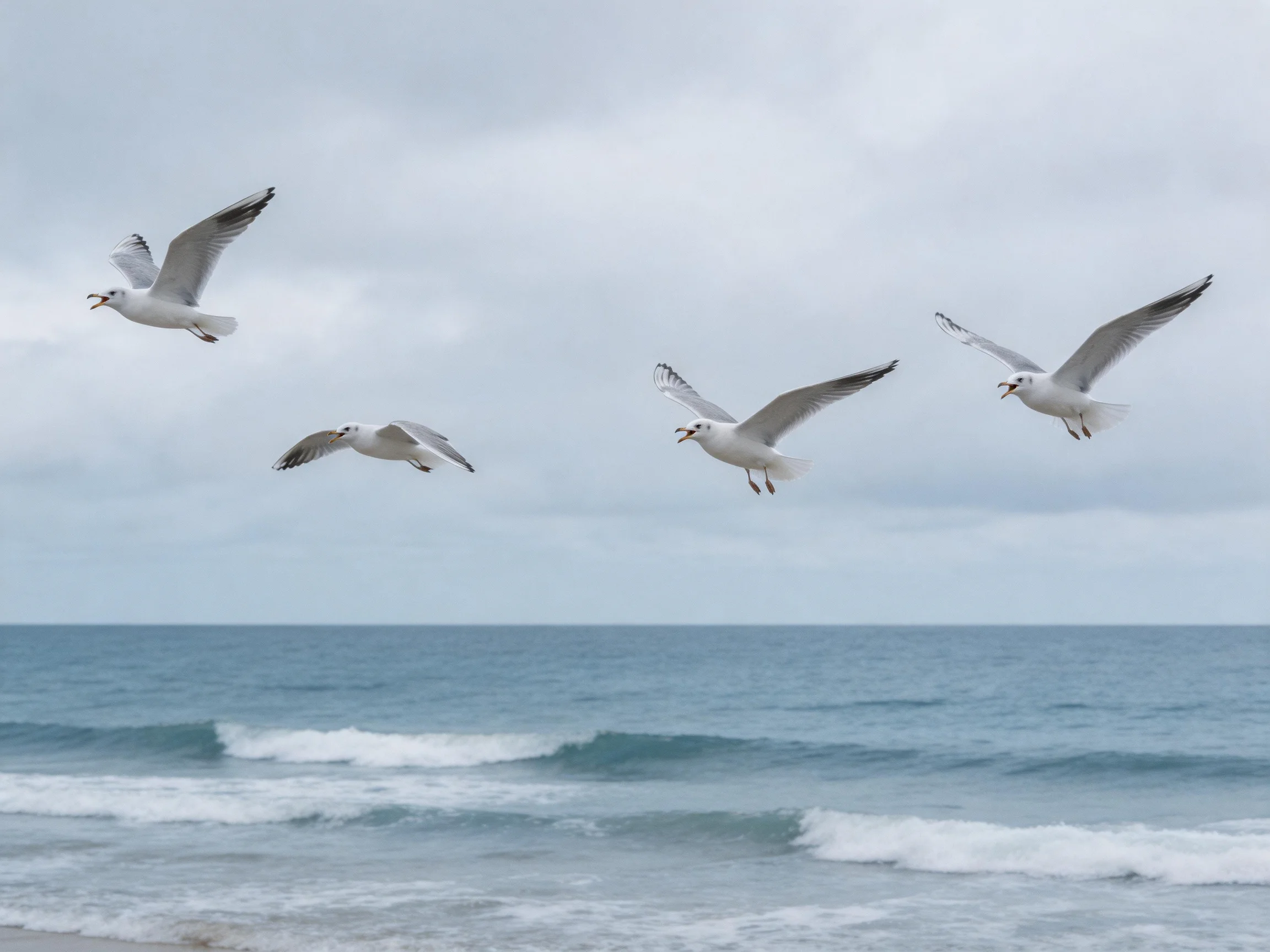 Four seagulls fly over a blue ocean with waves below
