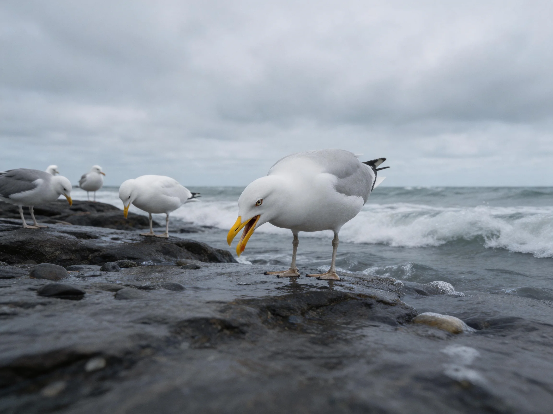 Four seagulls foraging on wet rocky shoreline near crashing waves