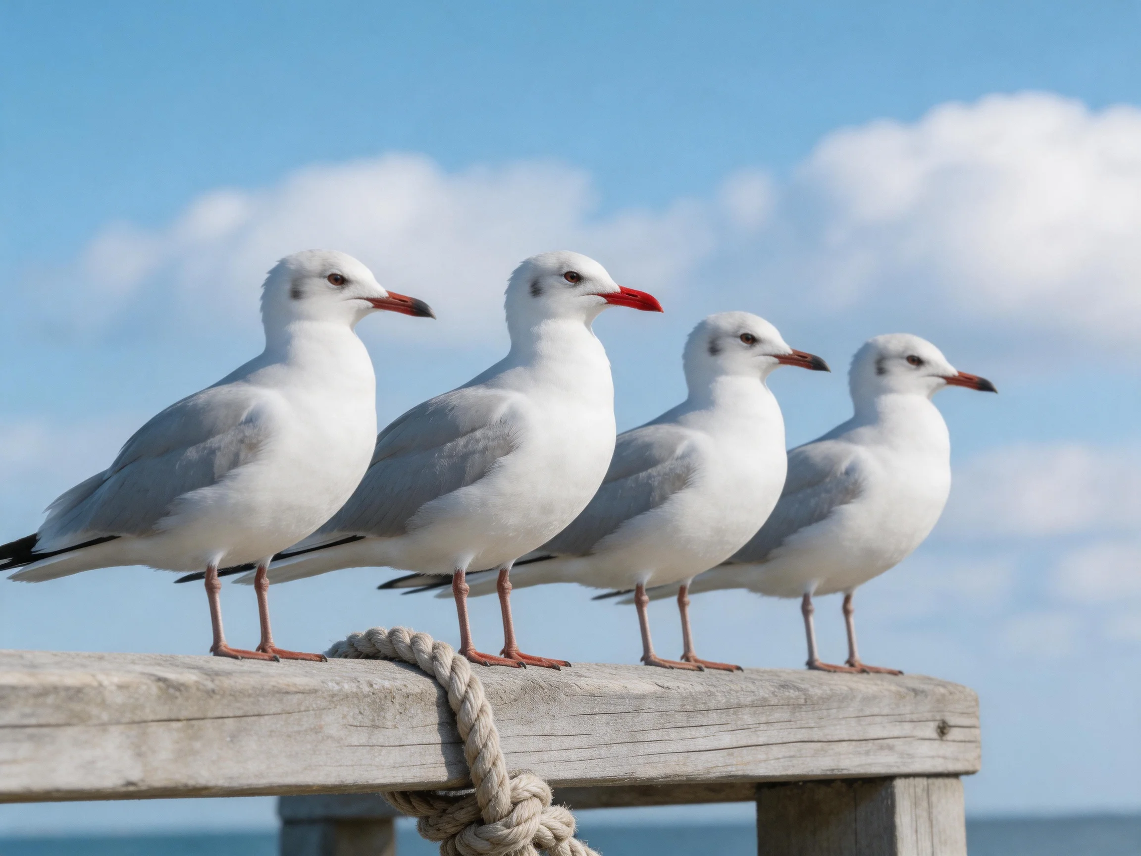 Four seagulls with gray wings on a wooden railing