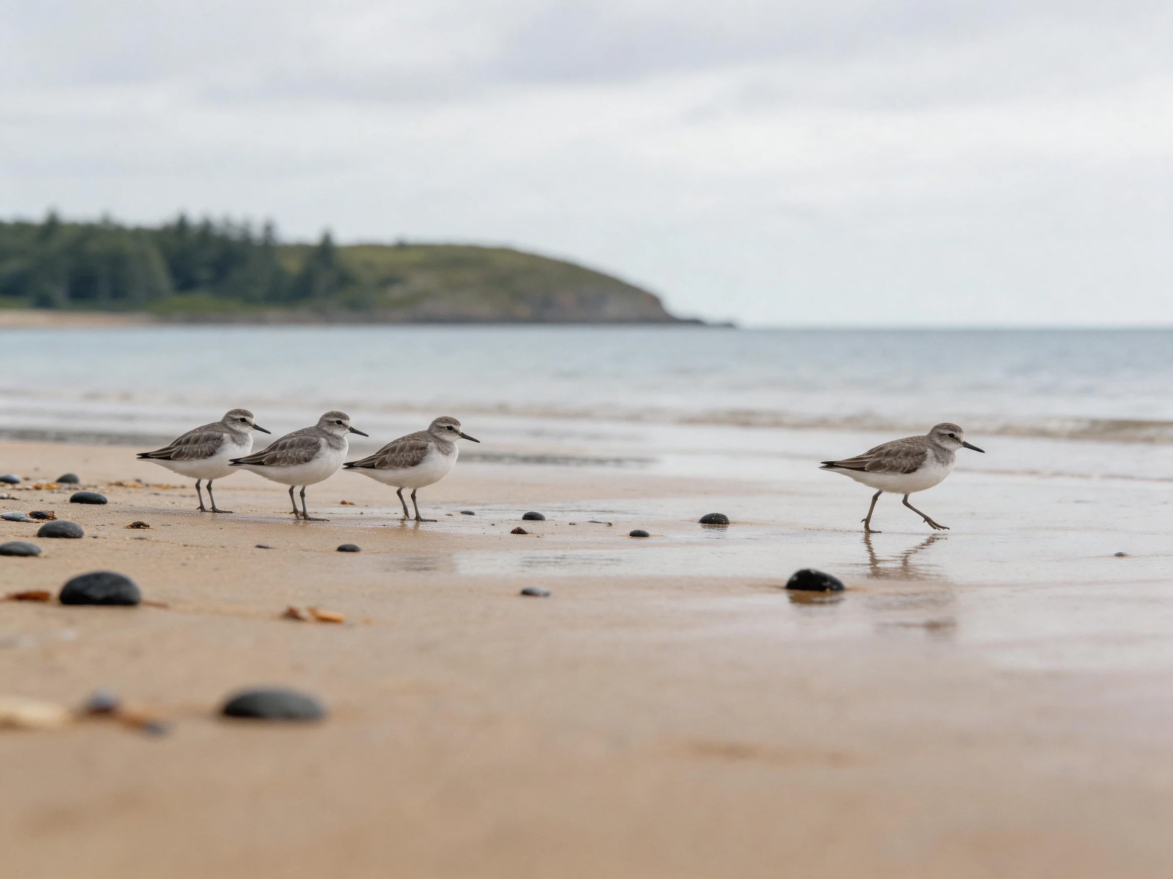 Four shorebirds explore a pebbly sandy beach near calm waters