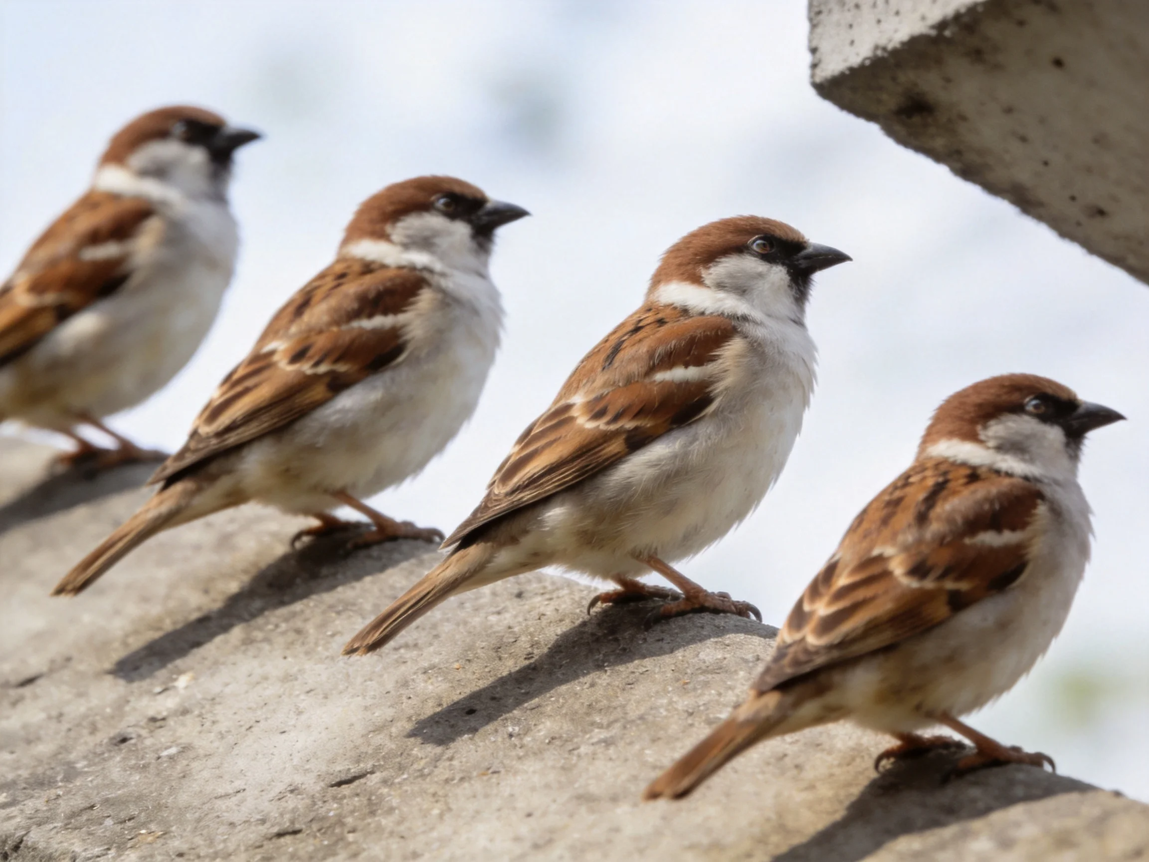 Four small brown and white sparrows perched on a concrete ledge