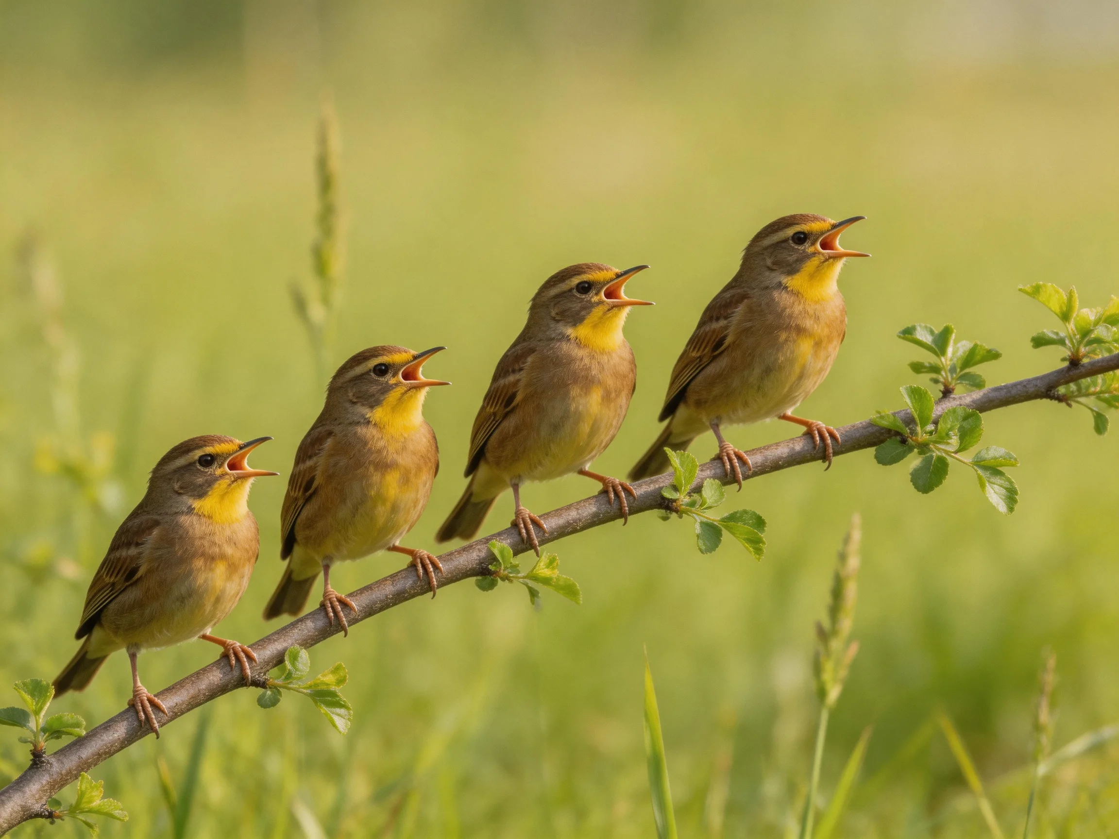 Four small brown and yellow songbirds perched on a leafy branch