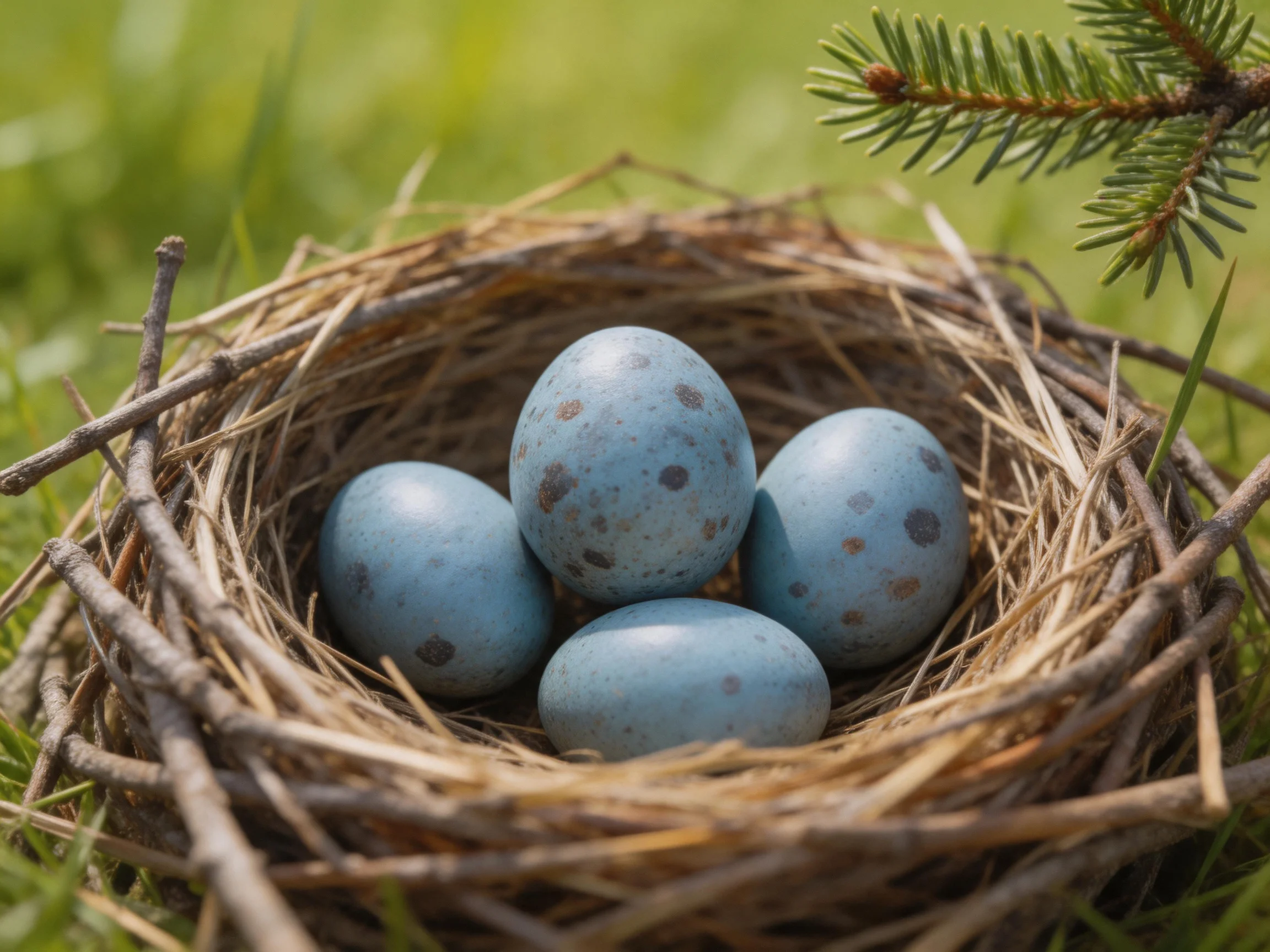 Four speckled blue eggs in a straw-lined bird nest