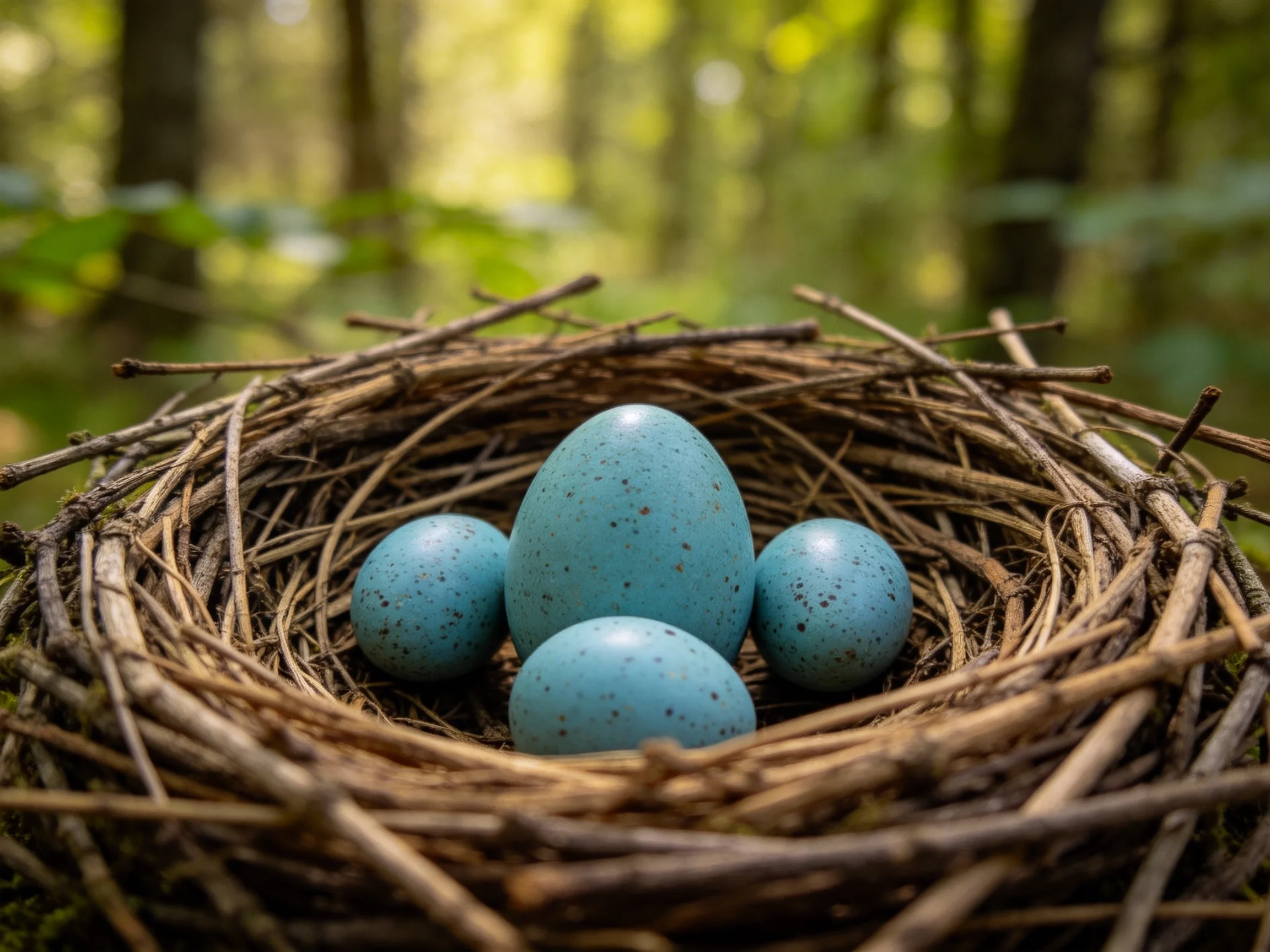 Four speckled blue eggs nestled in a twig nest within a forest setting