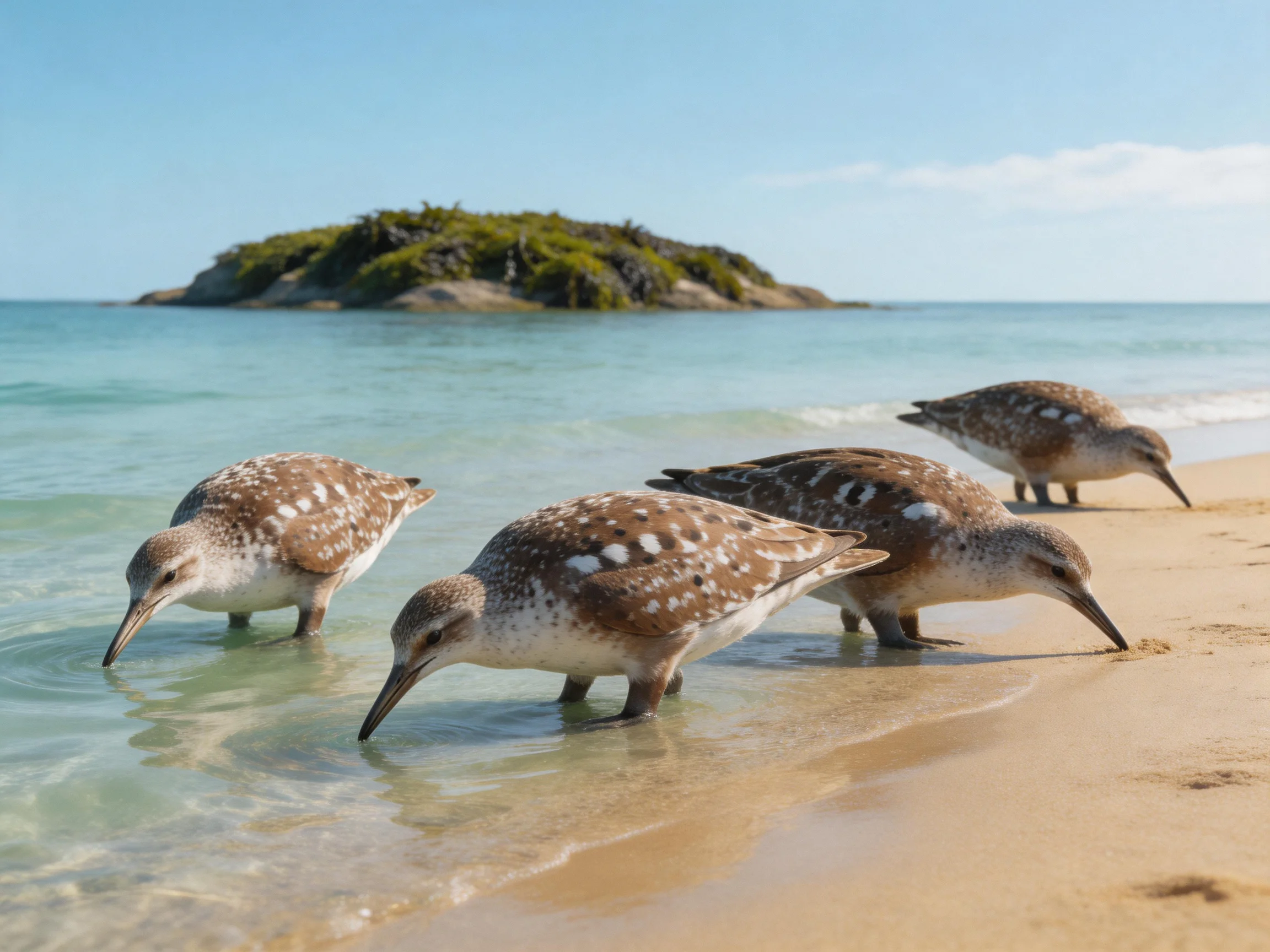 Four speckled shorebirds foraging along a sandy shoreline