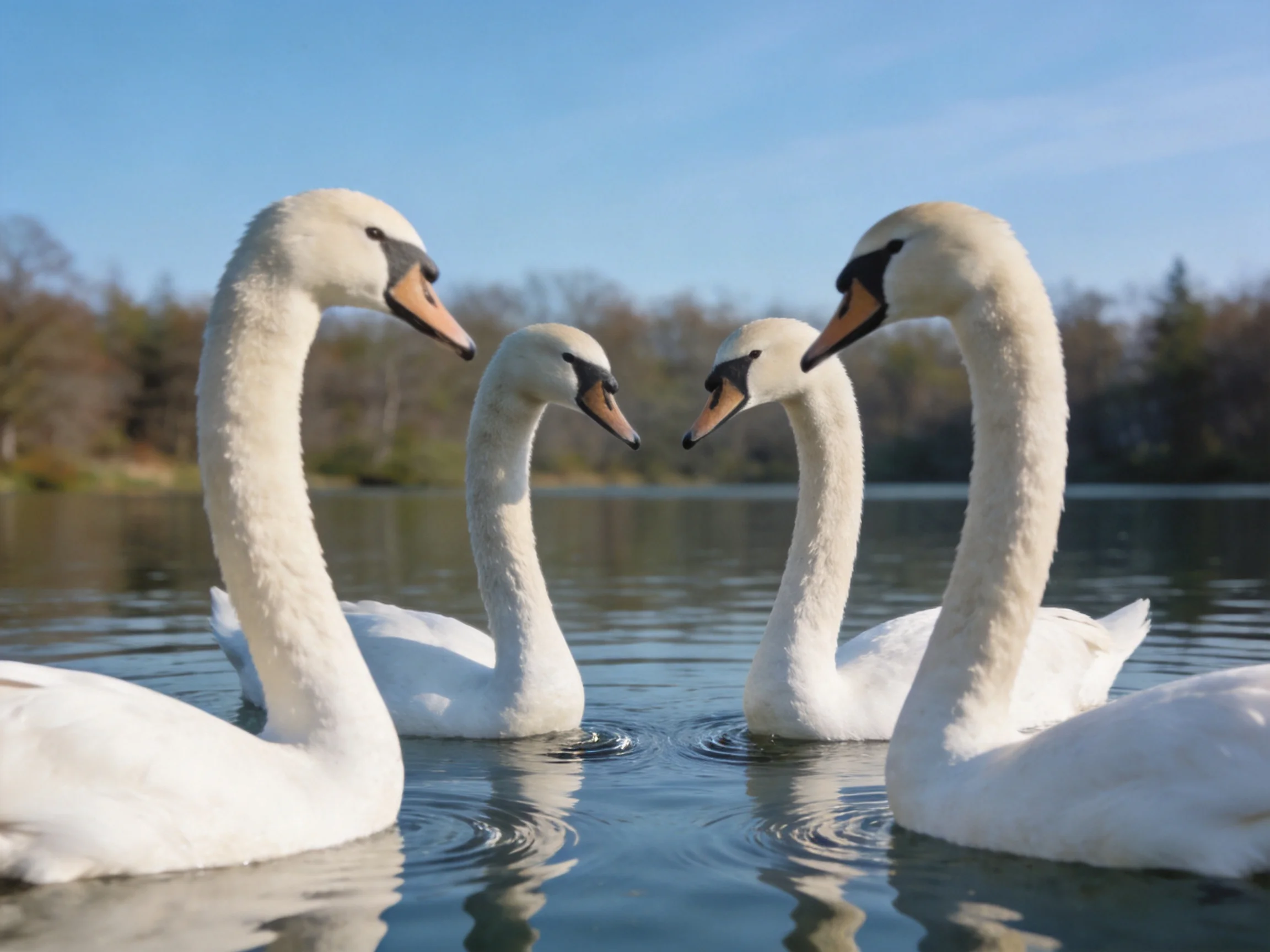 Four white swans interacting in a tranquil lake setting