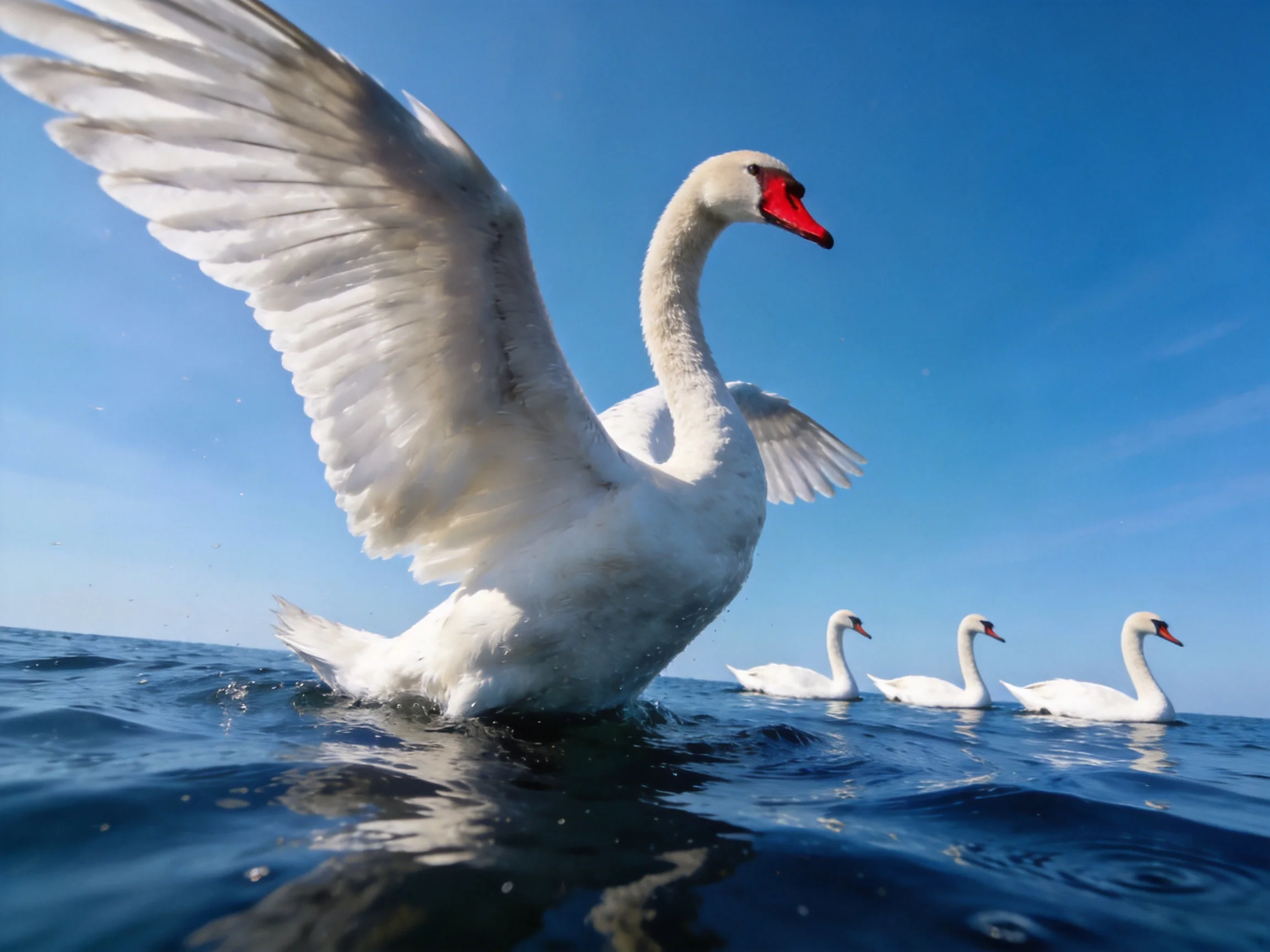 Four white swans swim on blue water; one spreads wide wings