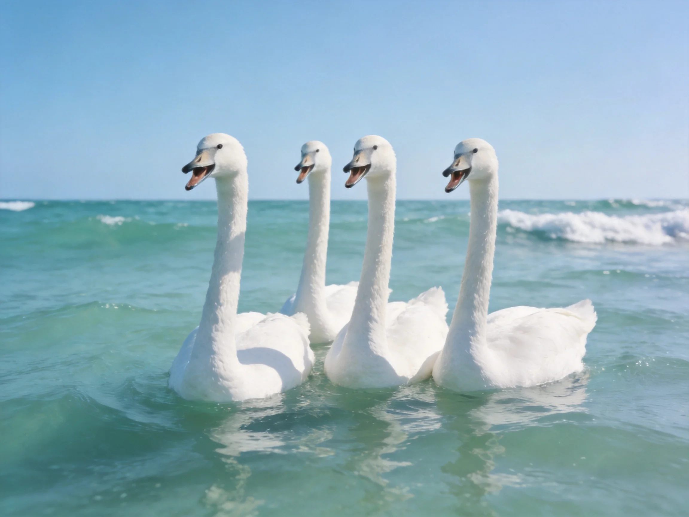 Four white swans swimming in turquoise ocean waters